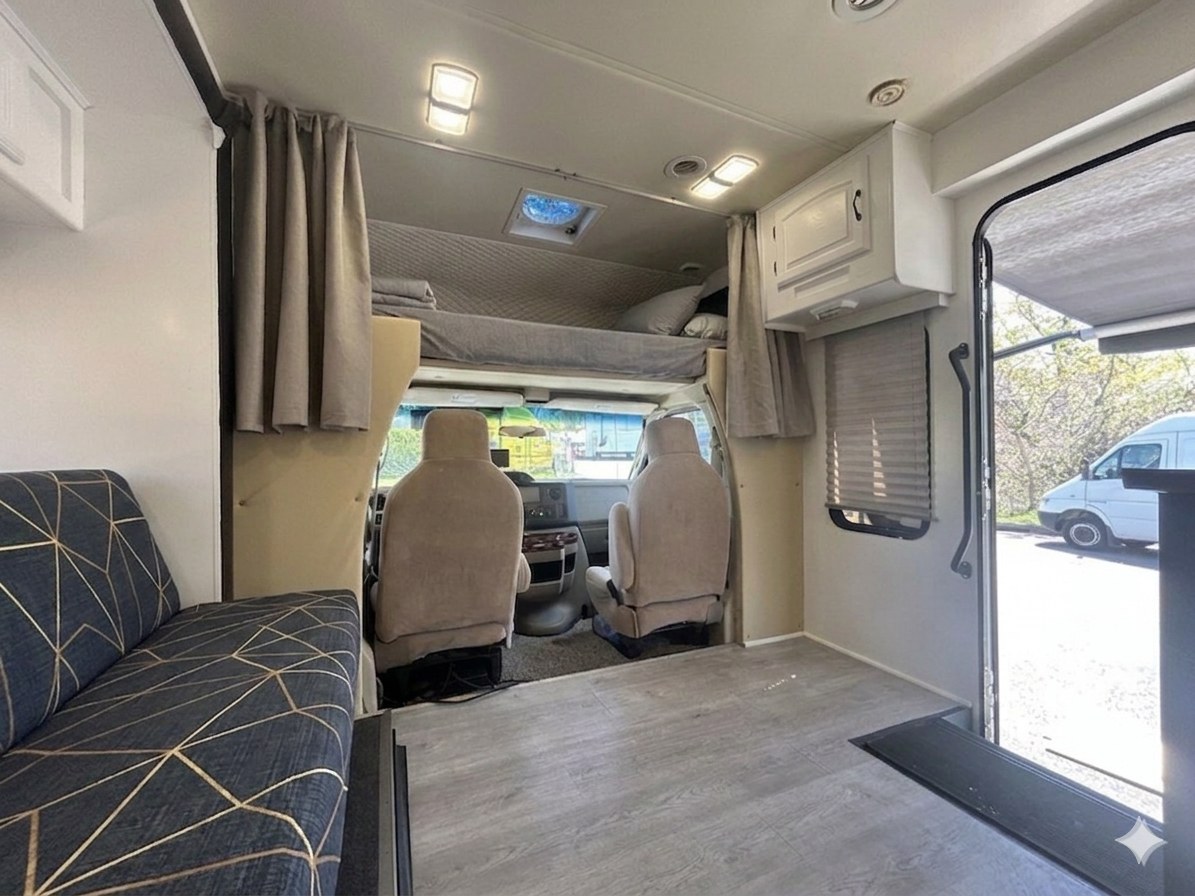 Step inside this spacious rv rental. View of the cab, overhead bunk, and lounge area with geometric-patterned sofa and light flooring.. Forest River Coachmen Leprechaun 2010