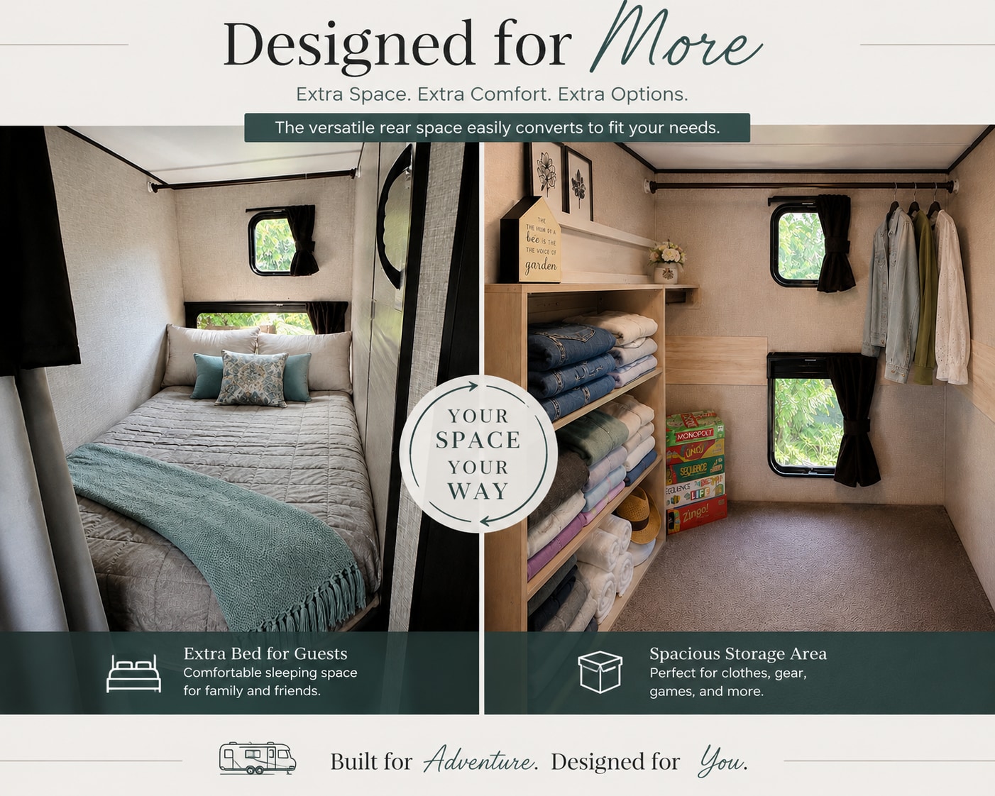 RV rental with versatile rear space, easily converting from a comfy bed for guests to spacious storage for adventure gear.. Jayco Jay Flight 2022