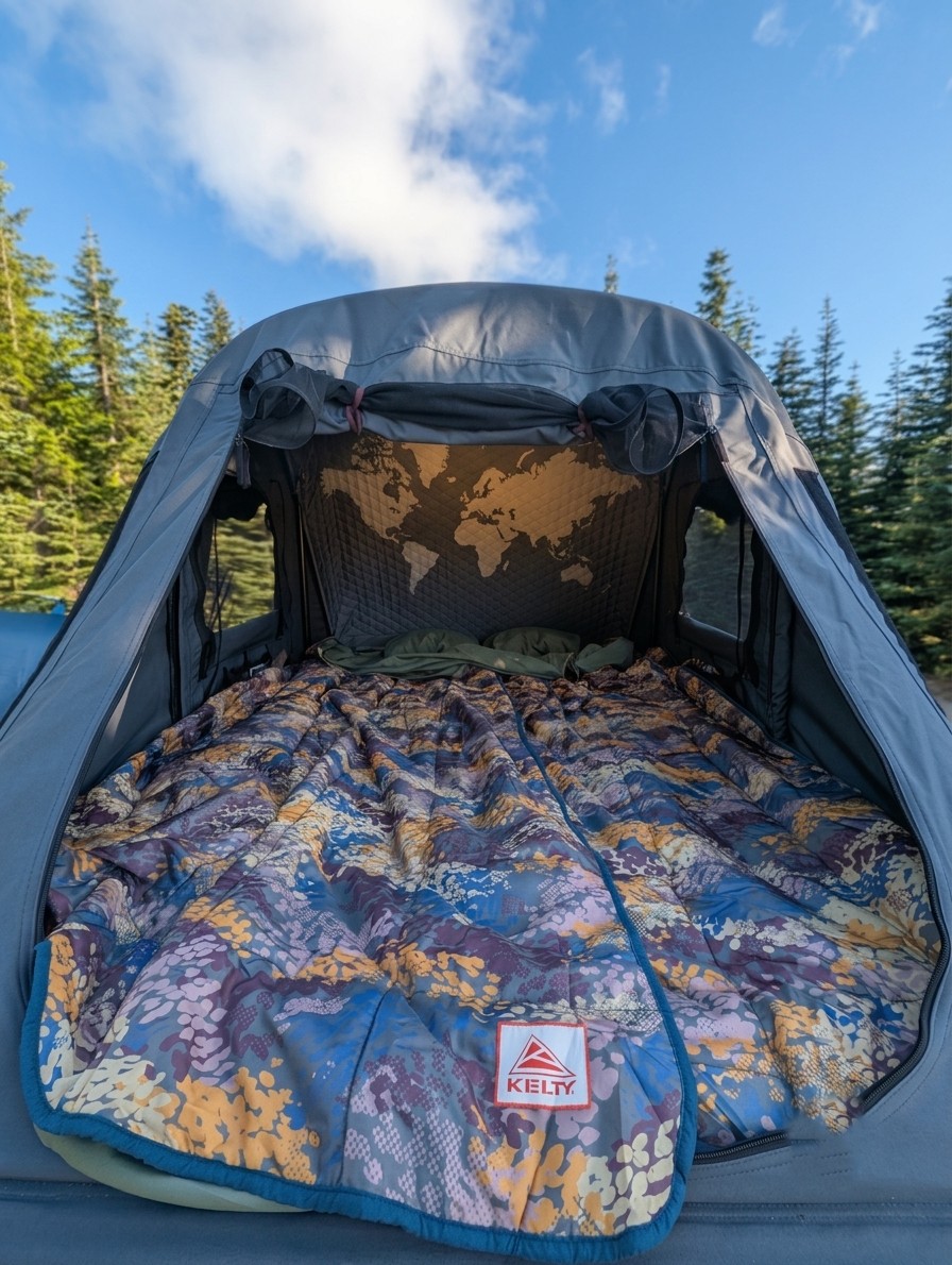 Rooftop tent on an rv rental, featuring a vibrant Kelty sleeping bag & world map interior. Perfect for forest camping!. Jeep Wrangler 2012