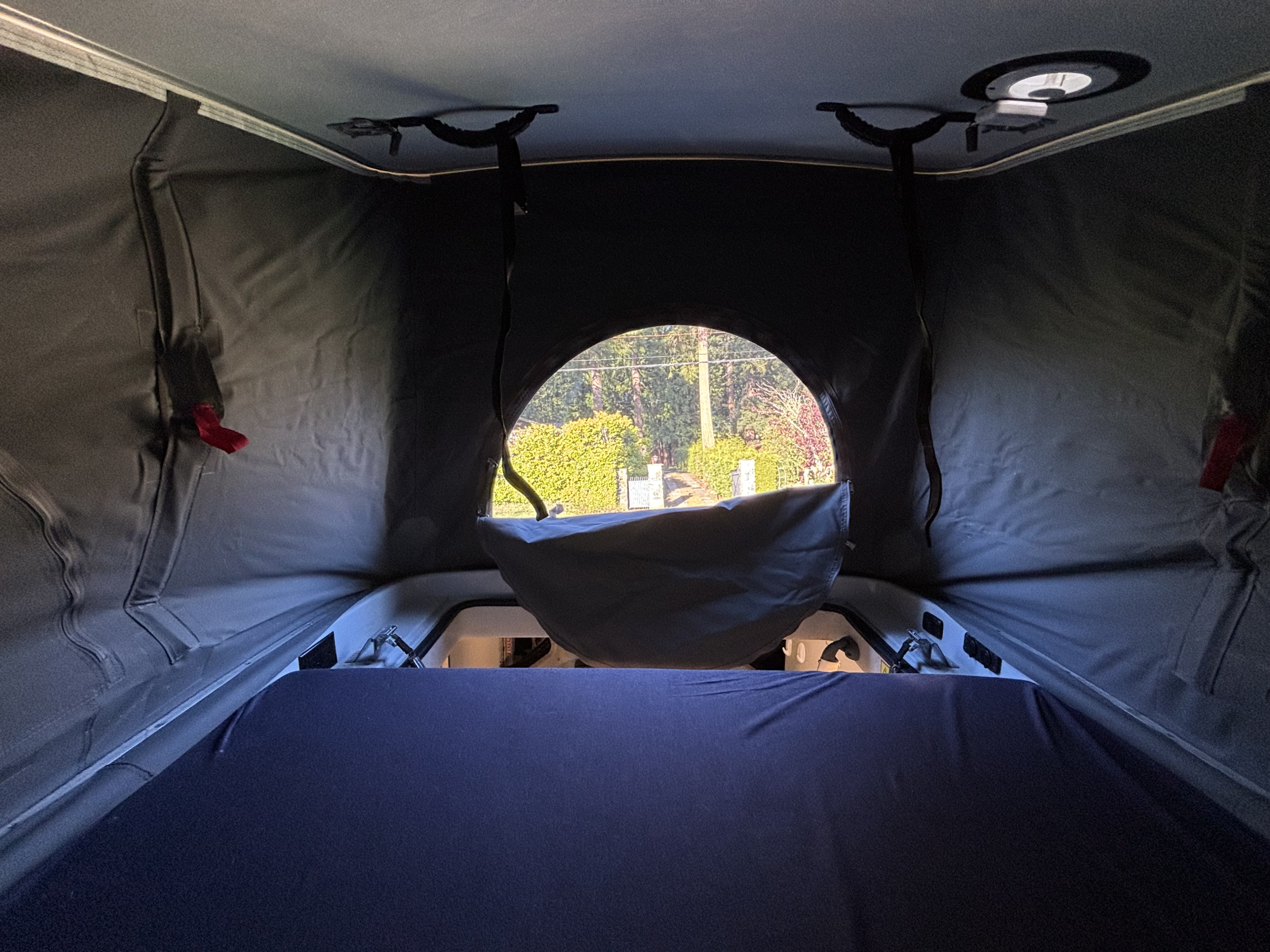 View from an RV rental's cozy pop-top tent bed, featuring interior fabric walls, ceiling light, and an outdoor scene.. Winnebago Ekko 2023