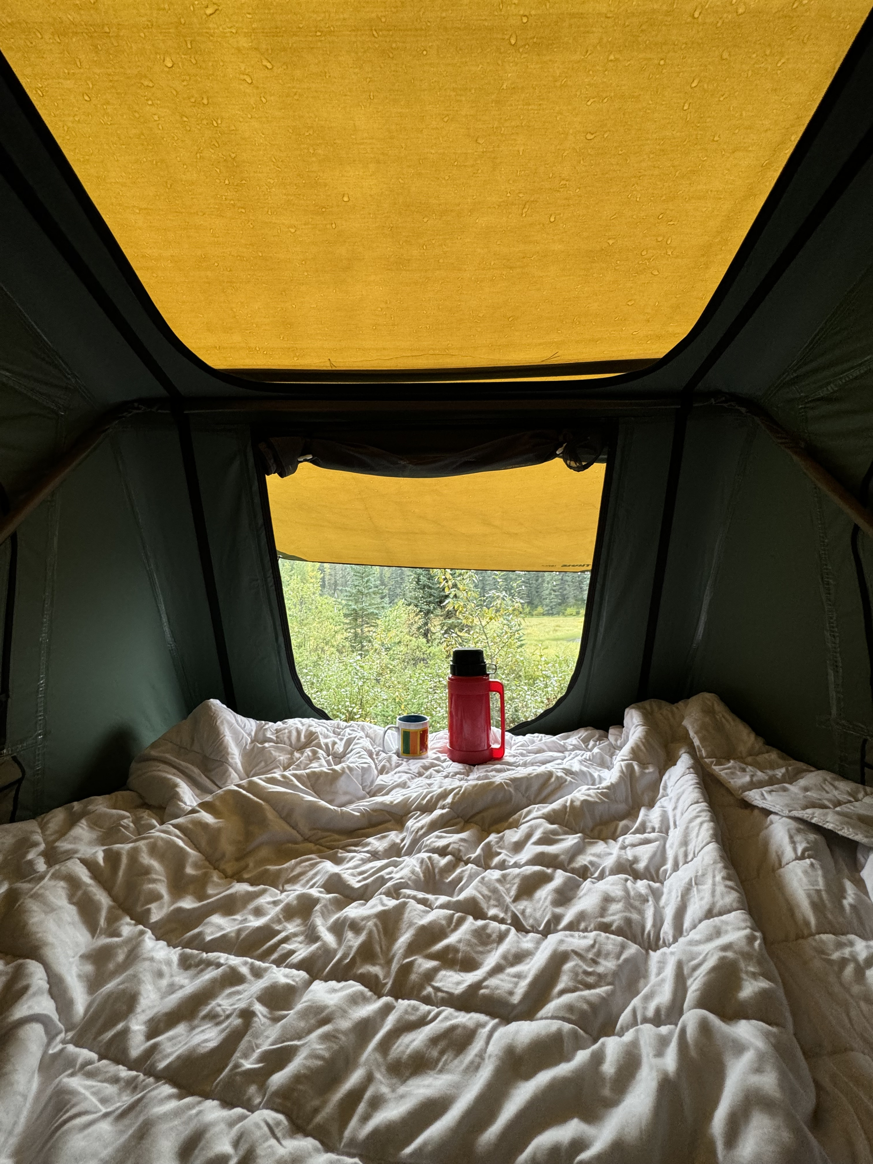 Cozy tent view from an RV rental. A comfy white bed with a red thermos and mug; raindrops dot the yellow ceiling.. Toyota RAV4 Trail AWD 2021