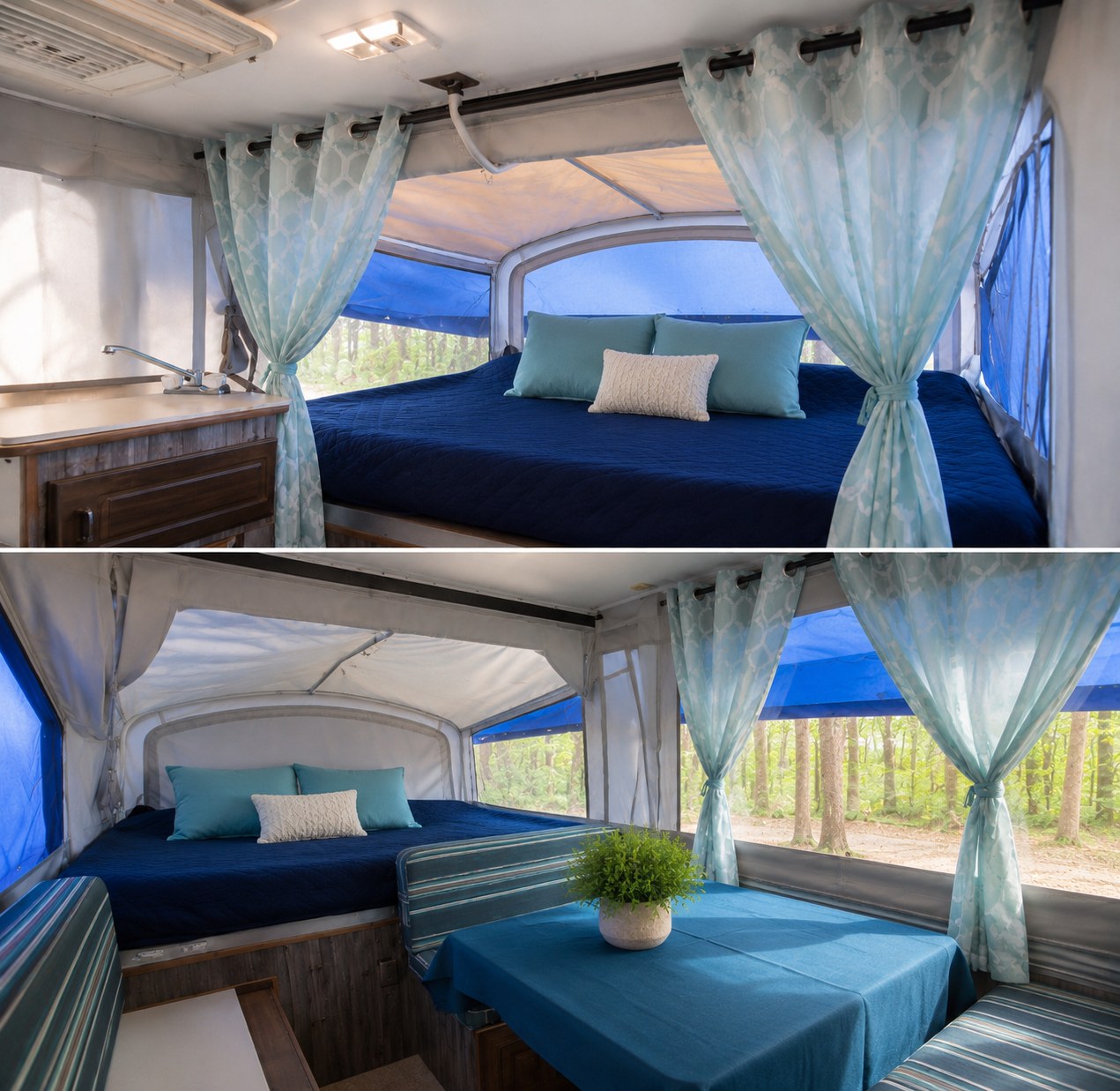 Cozy pop-up camper RV rental interior with blue bed, dinette, and kitchen area, offering serene forest views for your trip.. Coleman Santa Fe 2003