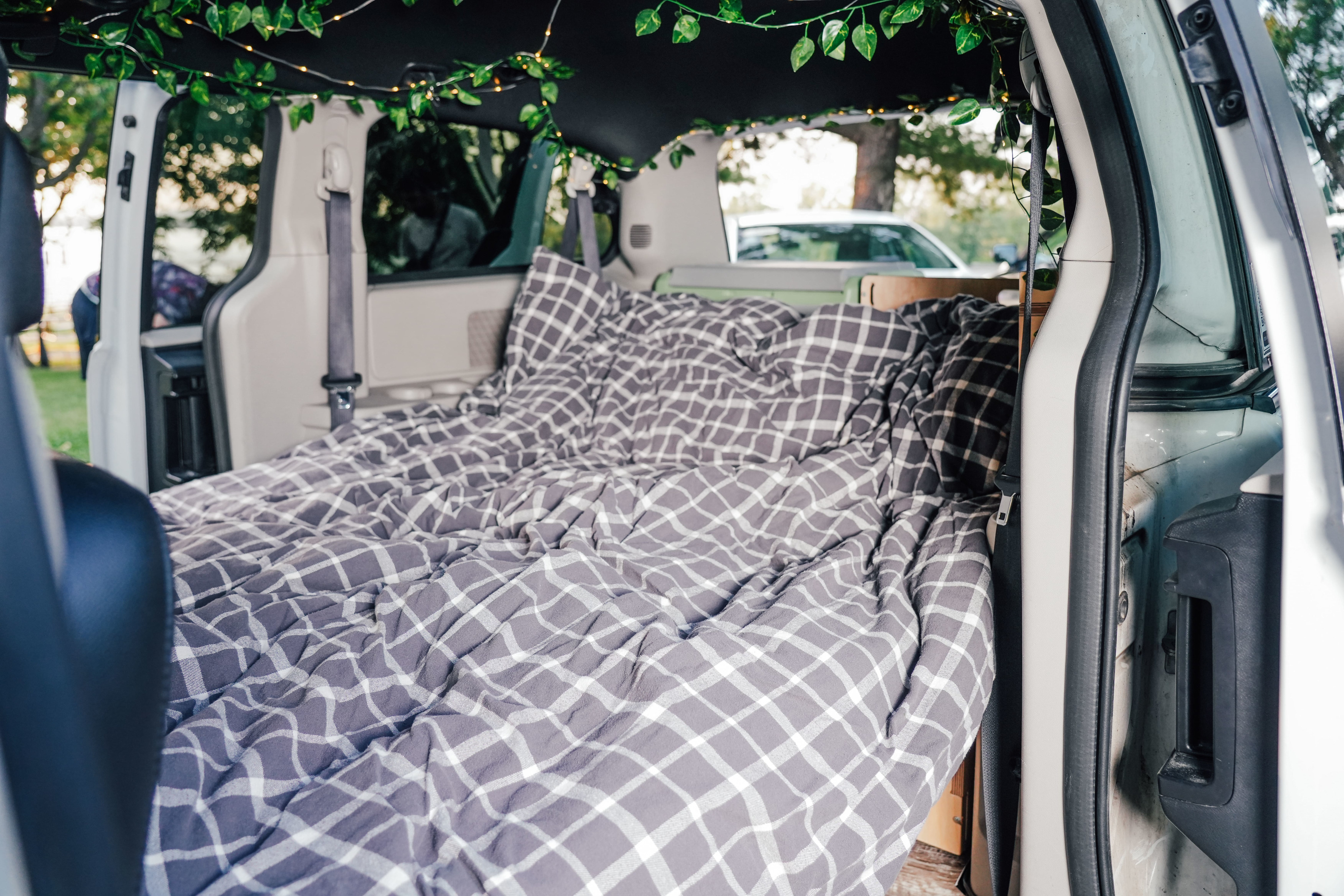 Cozy camper van interior: an RV rental with a comfy plaid bed, string lights, and green vines for adventure.. Dodge Grand Caravan 2019