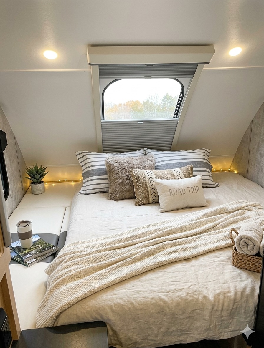 Comfortable RV rental bedroom, featuring a window view, cozy bed, and warm lighting for your road trip.. Xtreme Outdoors Xtreme Outdoors Trailer 2021