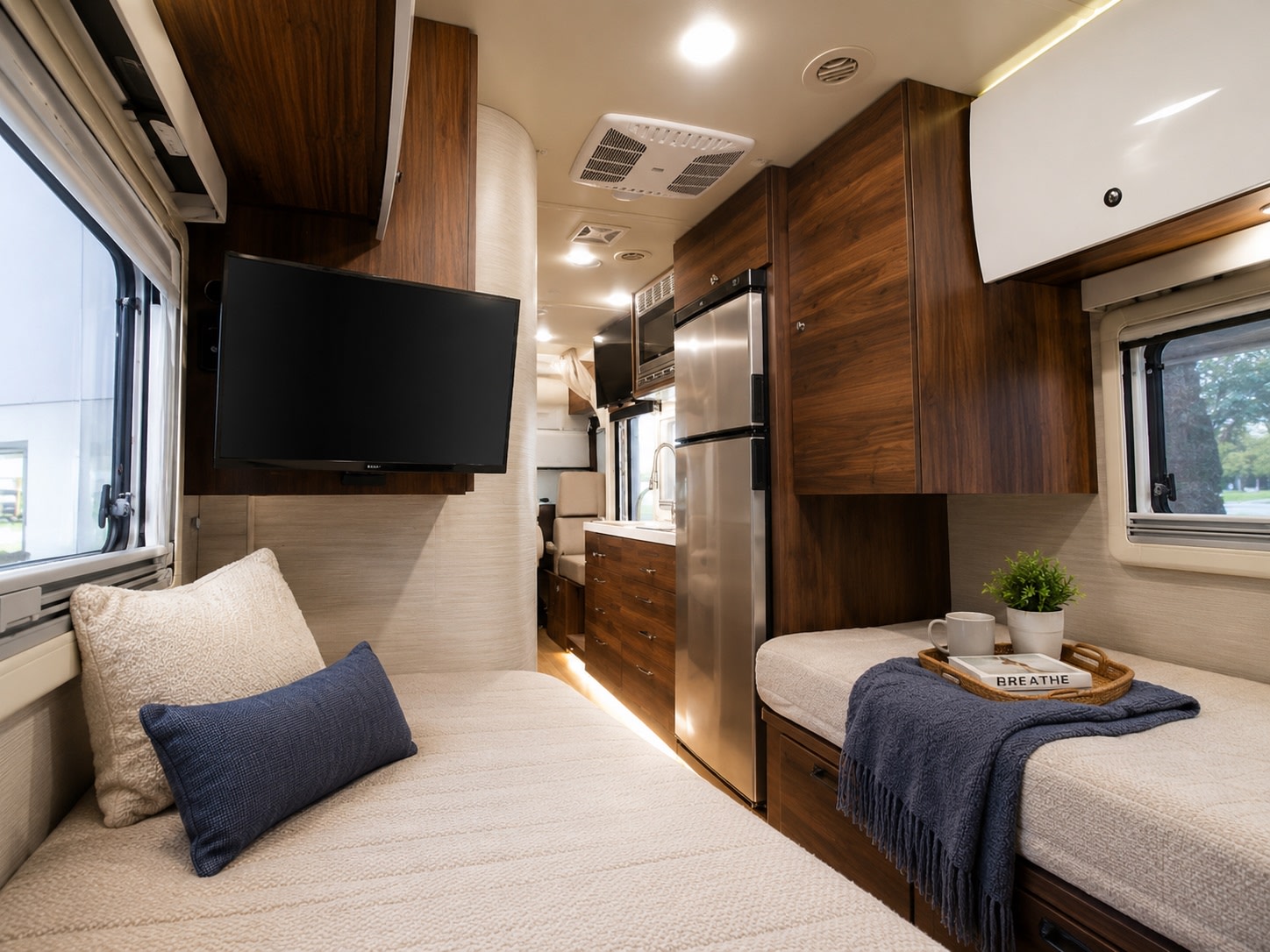 Luxurious rv rental interior: features a cozy sleeping area, kitchen with stainless steel appliances, & warm wood accents.. Winnebago View 2021