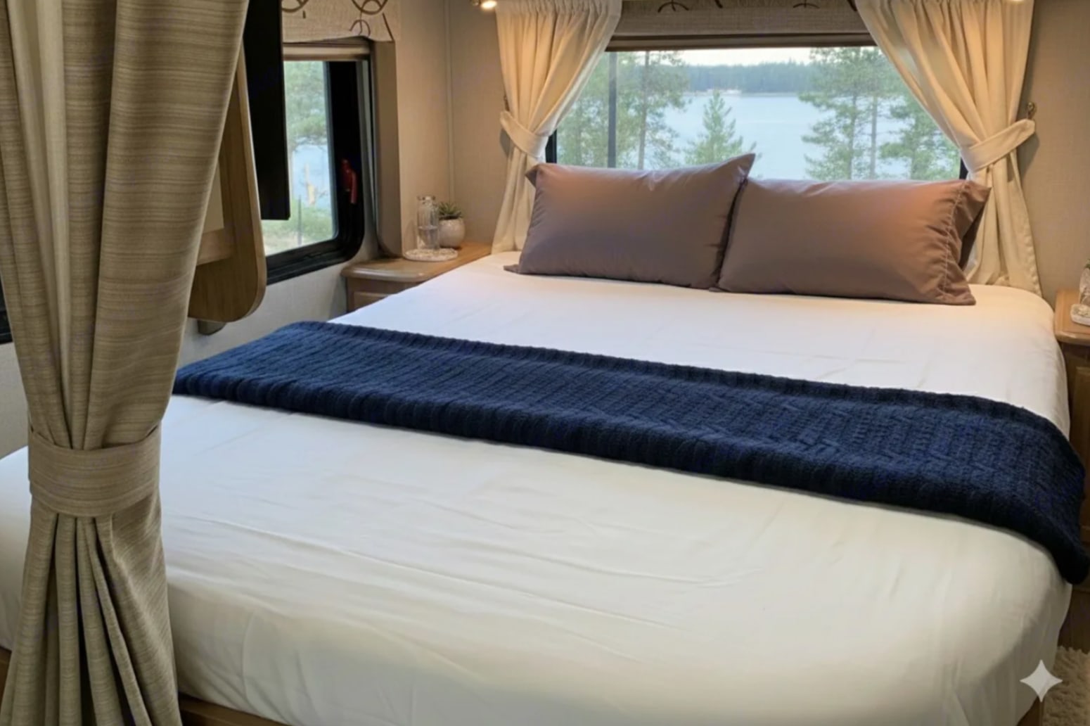 Enjoy the scenic lake view from this spacious RV rental bedroom. Features a large bed, brown pillows, and blue throw.. Other LEPRECHAUN 220QB 2020