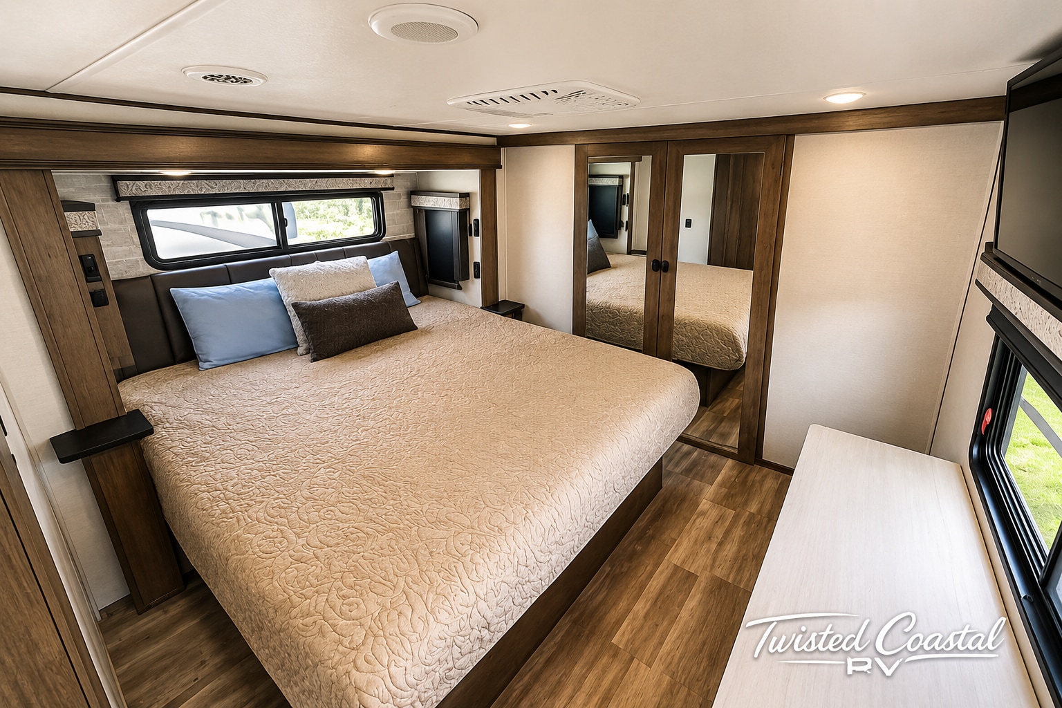 Inviting RV bedroom with a queen bed, mirrored closets, windows, and light decor. Ready for your next rv rental journey.. Alliance RV Paradigm 2022