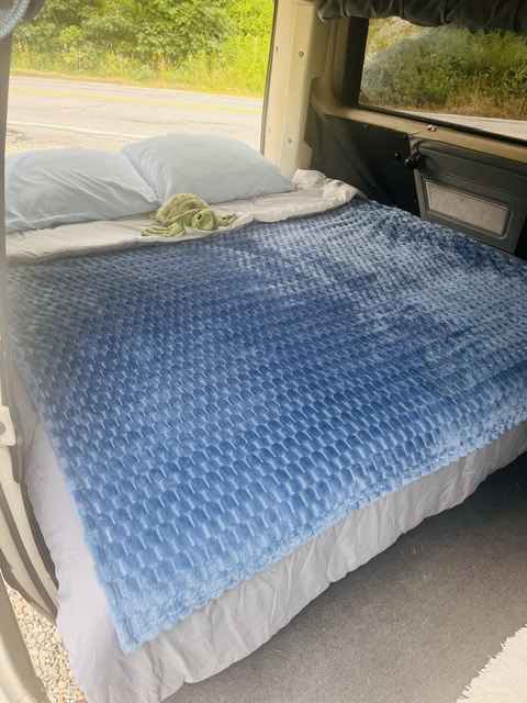 Cozy RV rental bed with a blue blanket, pillows, and a cute turtle, ready for a relaxing road trip adventure.. Volkswagen Vanagon 1990