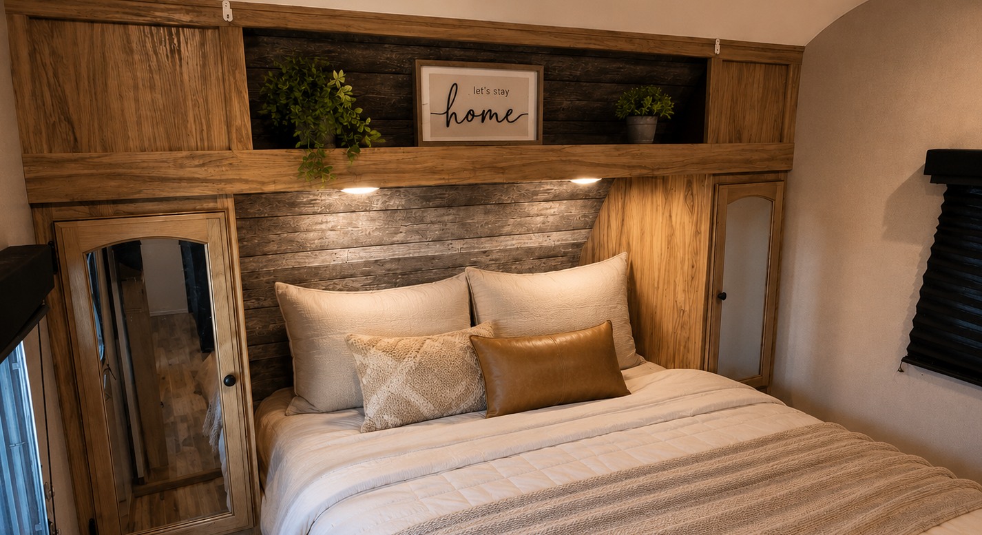 This cozy RV rental bedroom offers comfort with warm wood accents, ambient lighting, and smart storage solutions.. Coachmen Freedom Express 25SE 2019