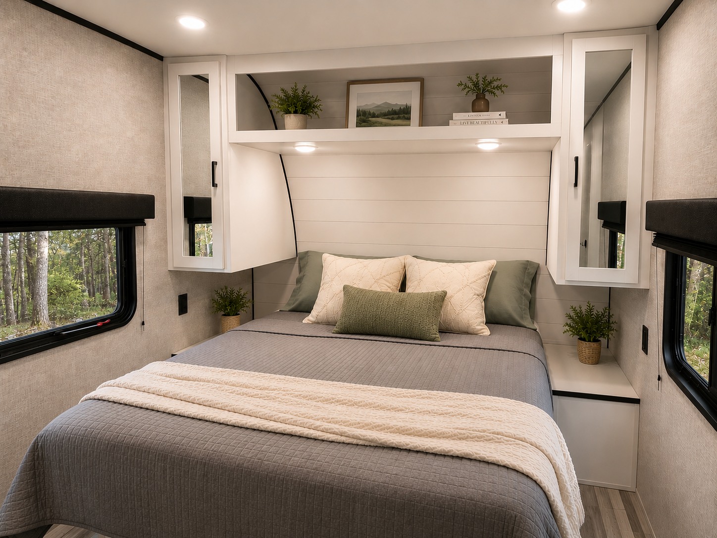 Inside a comfortable RV rental: a modern bedroom with a large bed, overhead storage, and scenic forest views.. Jayco Jay Flight SLX 2025