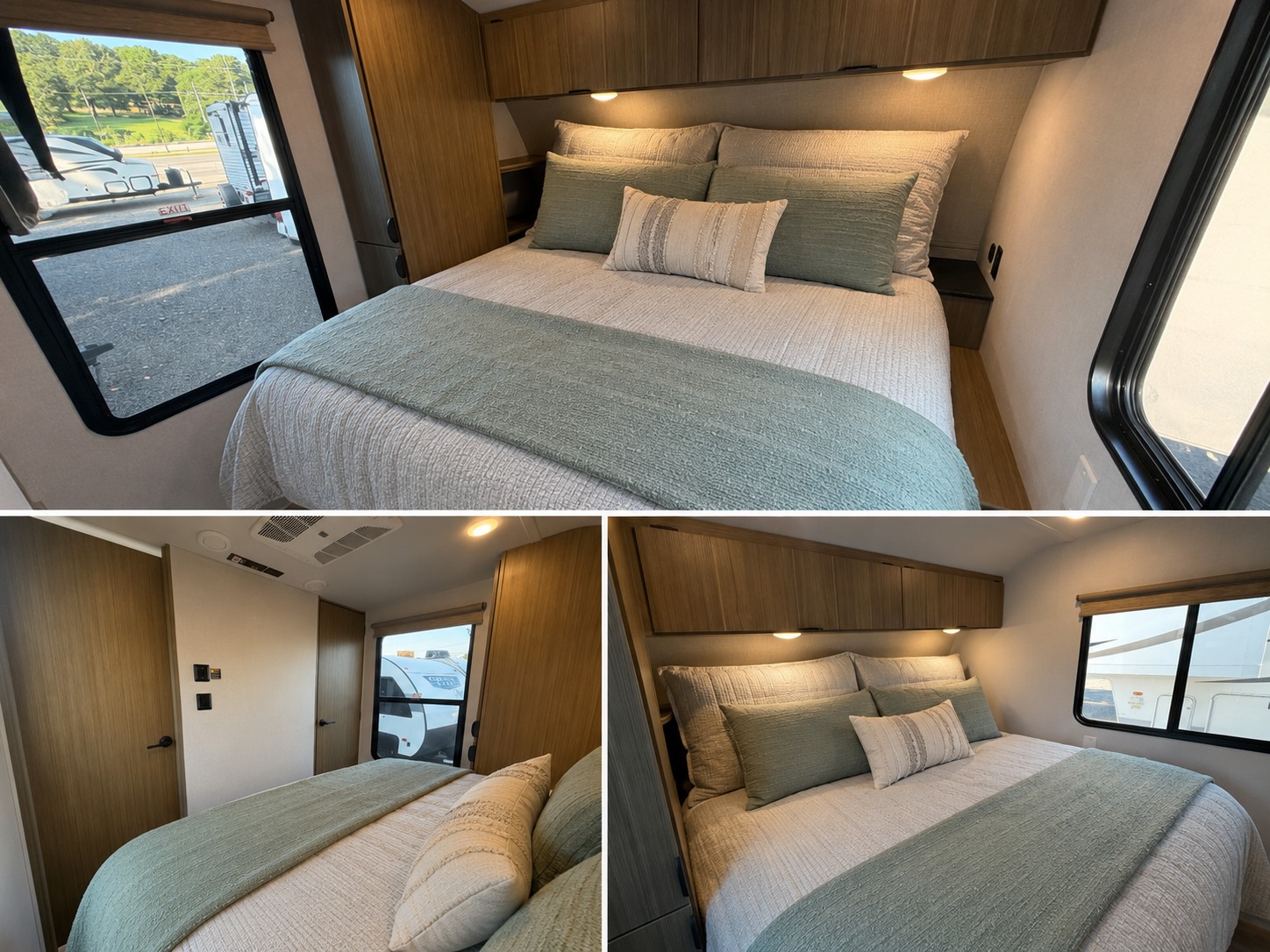 Discover comfort in this modern RV rental bedroom with a cozy bed, sage green bedding, and overhead storage.. Forest River Salem 2025