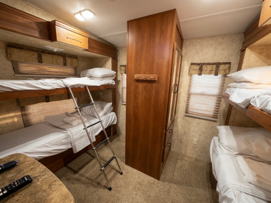 Inside an RV rental, showing compact bunk beds with white linens, a ladder, and wooden storage for comfortable stays.. Keystone RV Montana High Country 2010