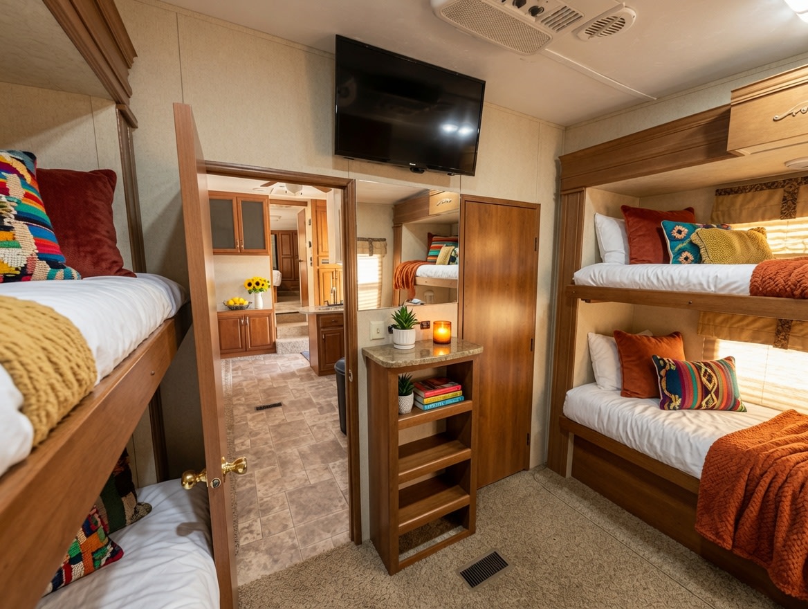 Comfortable RV rental interior featuring cozy bunk beds with colorful pillows and a kitchenette visible through the doorway.. Keystone RV Montana High Country 2010