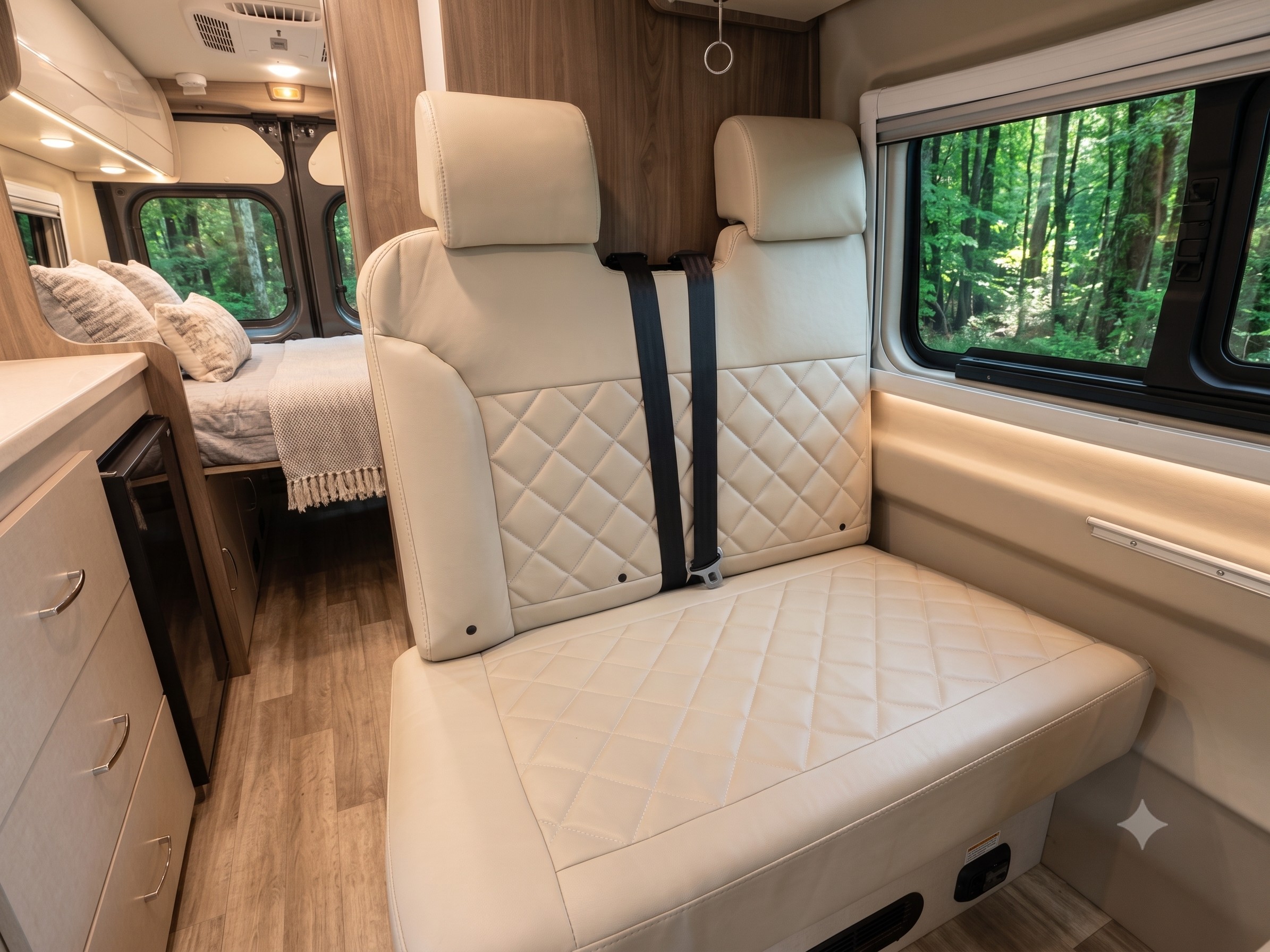 Inviting RV rental interior: cream quilted seating, rear bed, and large windows revealing a vibrant forest outside.. Thor Tellaro 2024