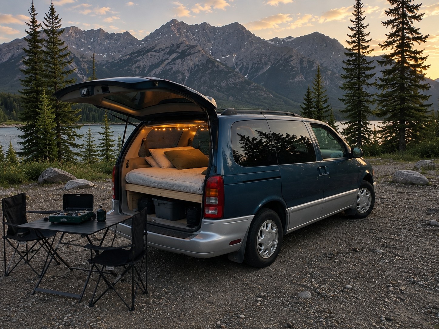 Scenic rv rental: a cozy minivan camper with bed & outdoor kitchen by a lake and mountains at sunset.. Mercury Villager 1997
