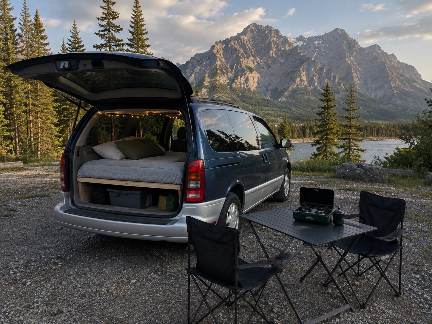 An RV rental alternative: a minivan camper with a bed, outdoor kitchen, and chairs, set against a stunning mountain lake.. Mercury Villager 1997