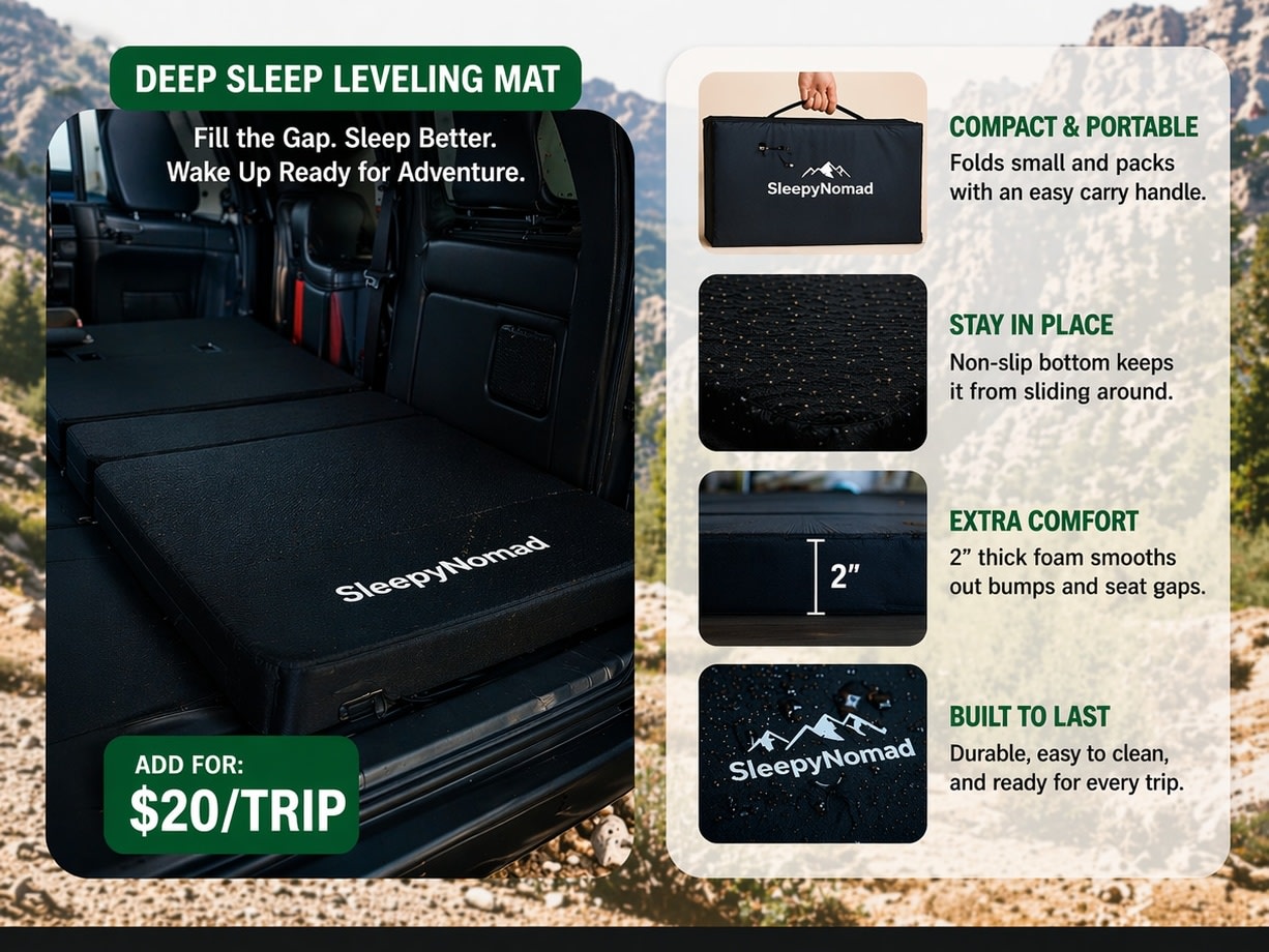 Enhance your RV rental with a SleepyNomad deep sleep leveling mat, providing a flat, comfy 2" foam bed. ($20/trip). Ford Bronco 2022