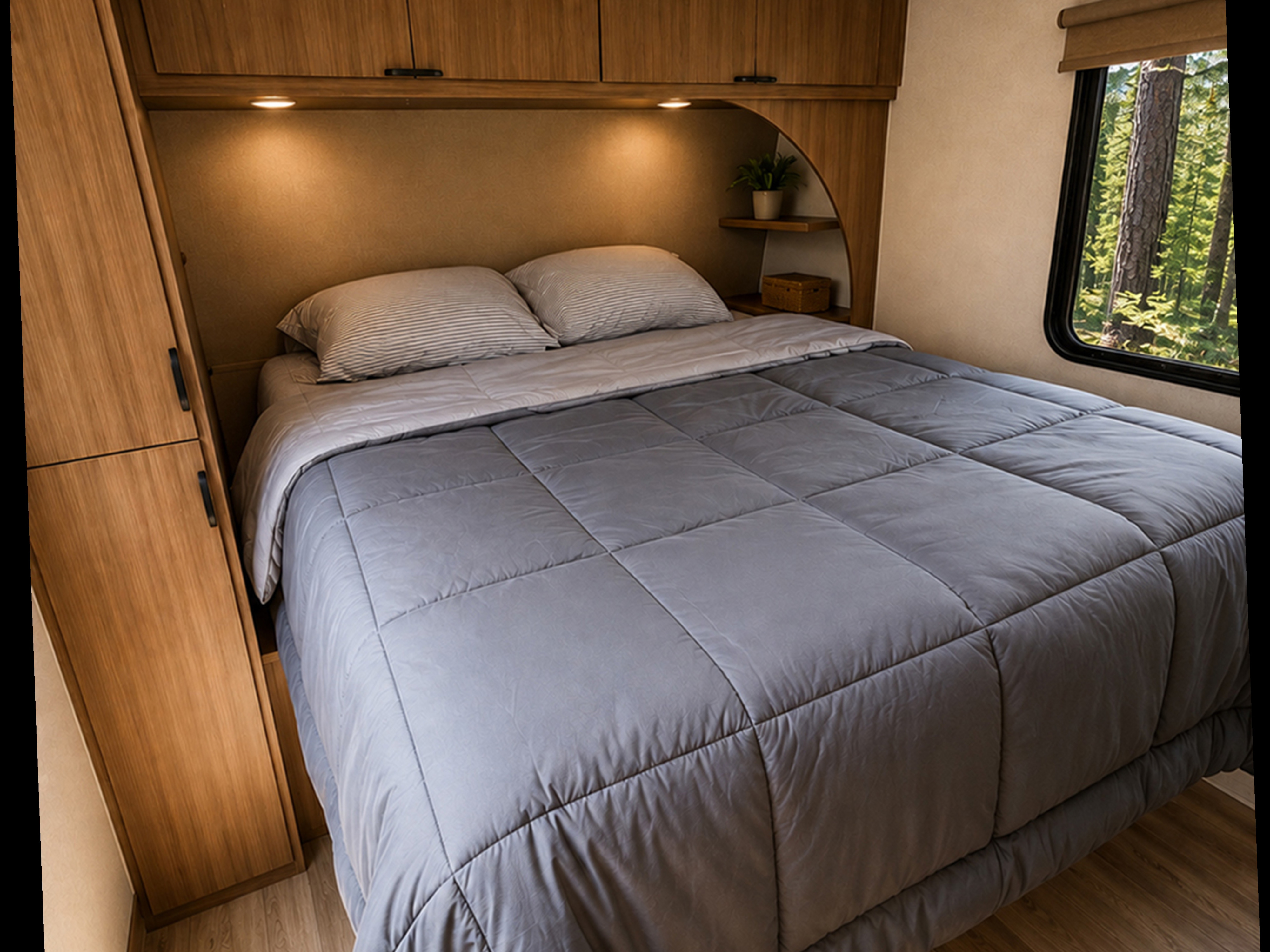 Comfortable RV rental bedroom with soft gray bedding, warm wooden interior, and a window showing lush trees.. Forest River Wildwood 2025