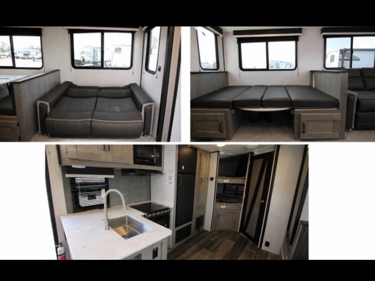 RV rental interior showing kitchen, dinette bed, sofa, and bunk beds for a comfortable stay.. Heartland RVs Mallard 2022