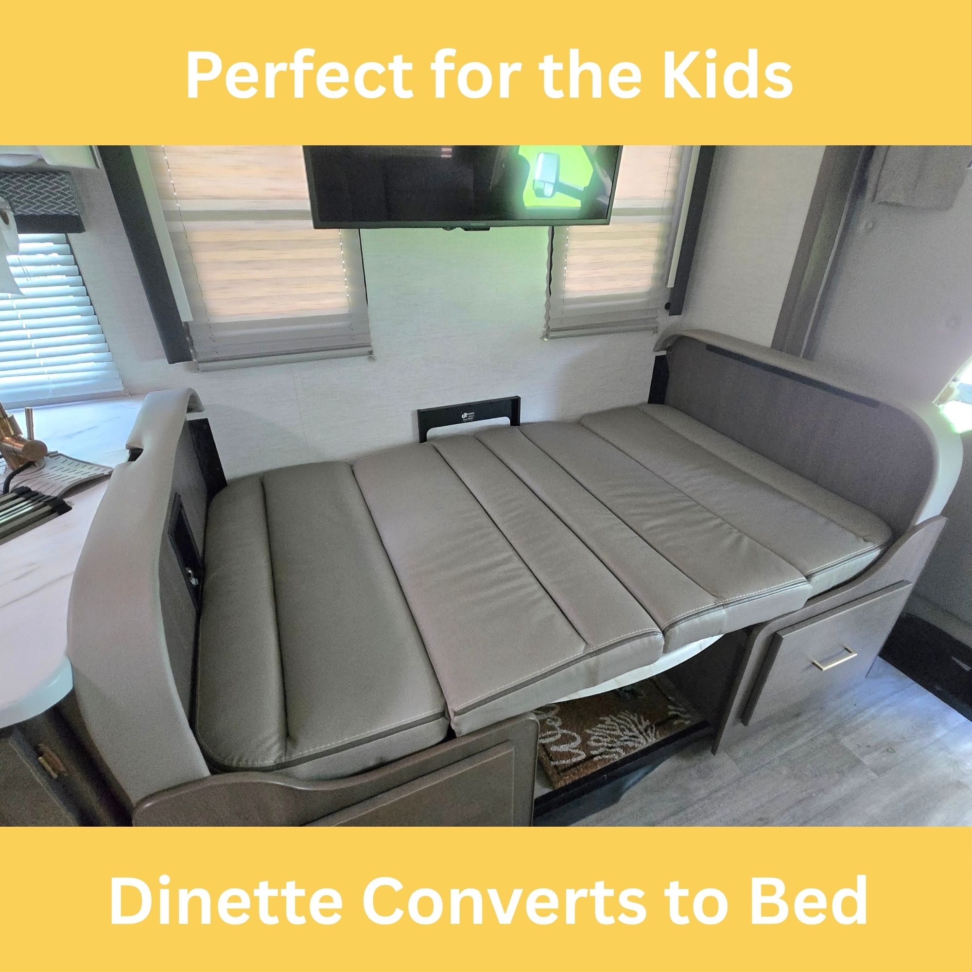 RV rental: This dinette easily converts into a bed, with cushions forming the mattress, offering practical sleeping space for kids.. Thor Four Winds 2024