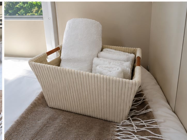 Cozy RV rental: fresh white towels in a cream ribbed basket on a brown blanket atop a bed. Ready for your comfort.. FORD TRANSIT 2026