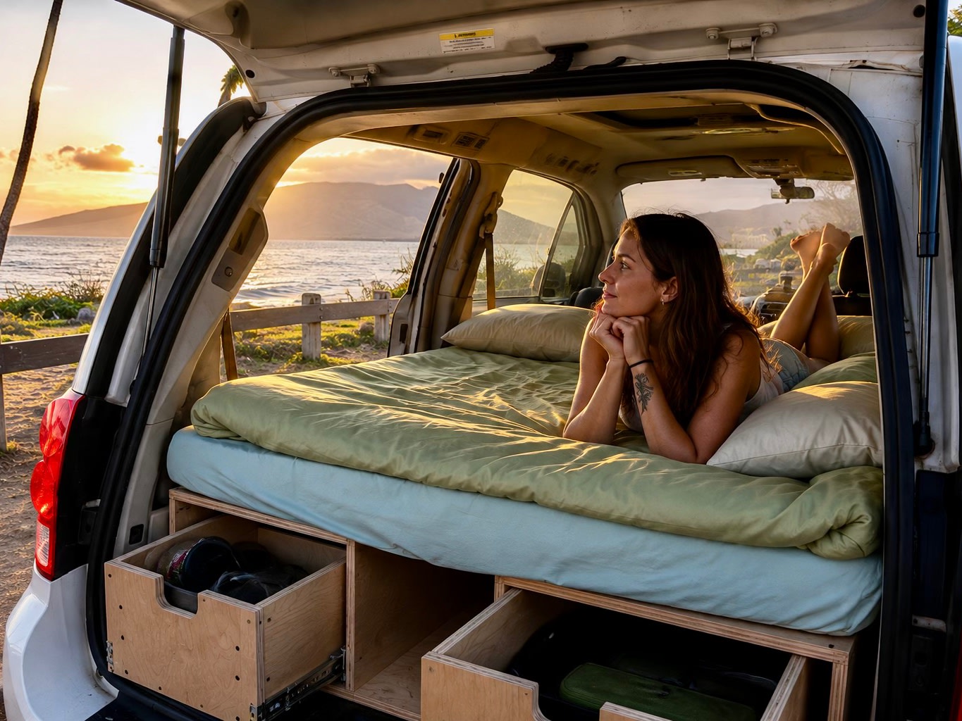RV rental: Enjoy sunset ocean views from a custom camper van bed with storage drawers. Woman relaxing.. Dodge Grand Caravan Crew 2012