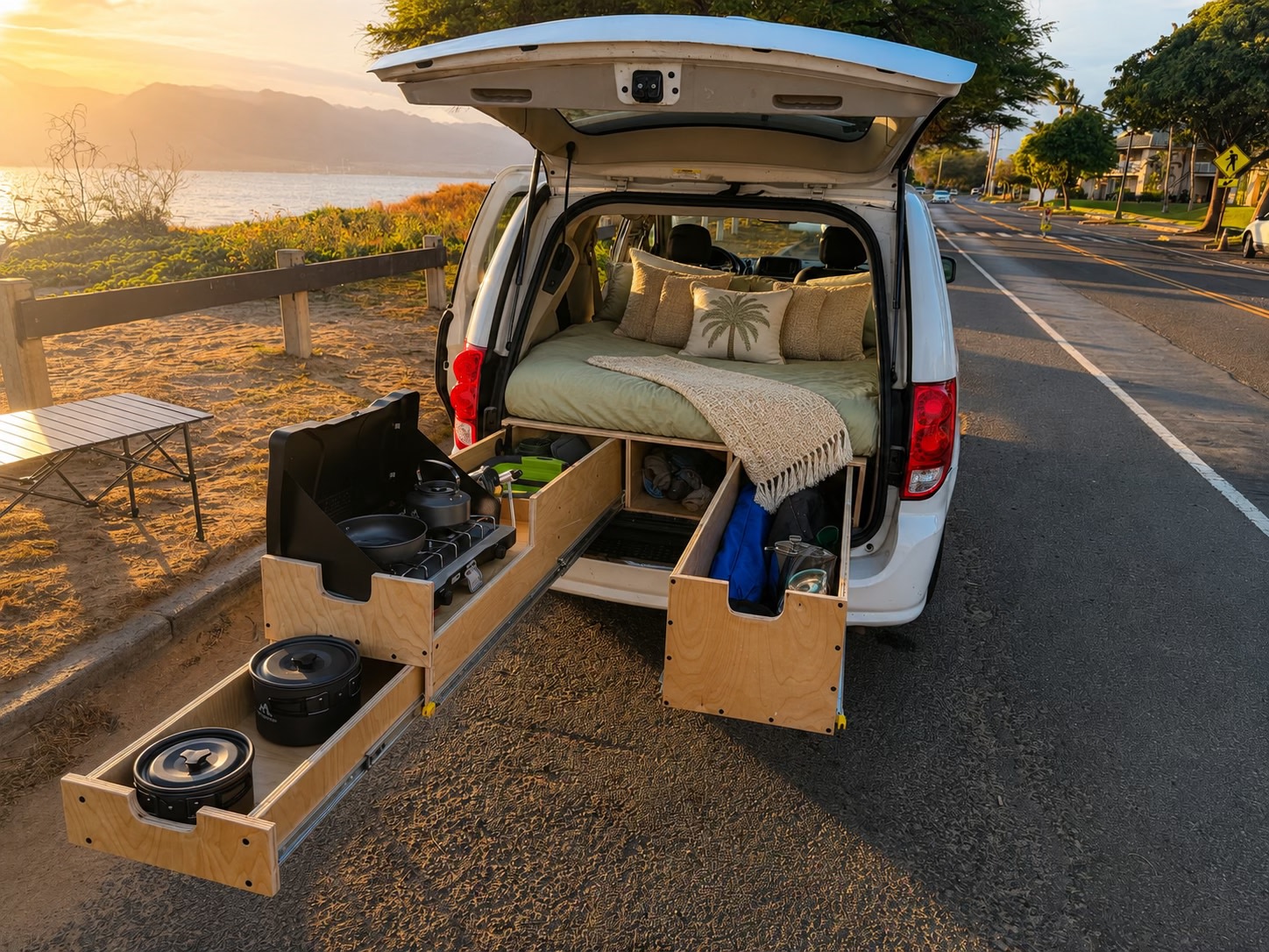 Sunset van life on the coast! This RV rental features a cozy bed and fully equipped pull-out kitchen for camping and road trips.. Dodge Grand Caravan Crew 2012