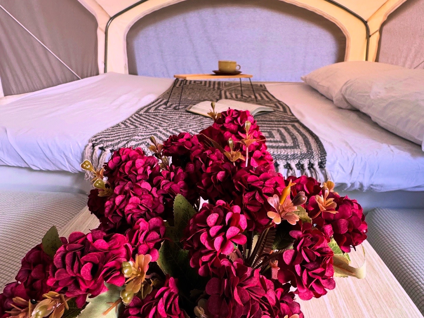 This cozy RV rental features a bed, patterned blanket, reading nook with a cup, and vibrant dark red flowers in the foreground.. Sportsmen Classic 2014