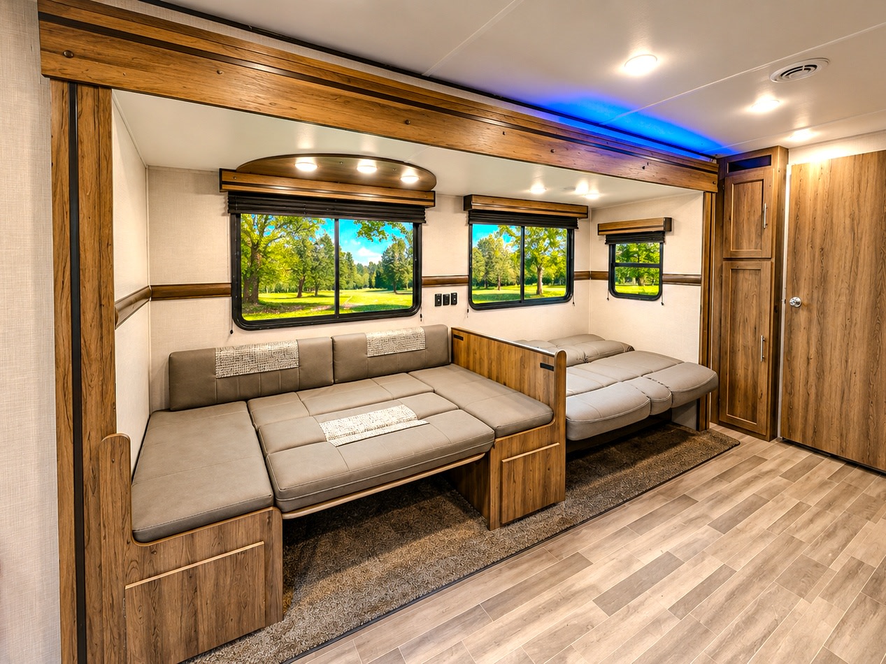 Modern RV rental interior: flexible living space with U-shaped dinette, convertible beds, and scenic windows.. Zinger 333DB 2022