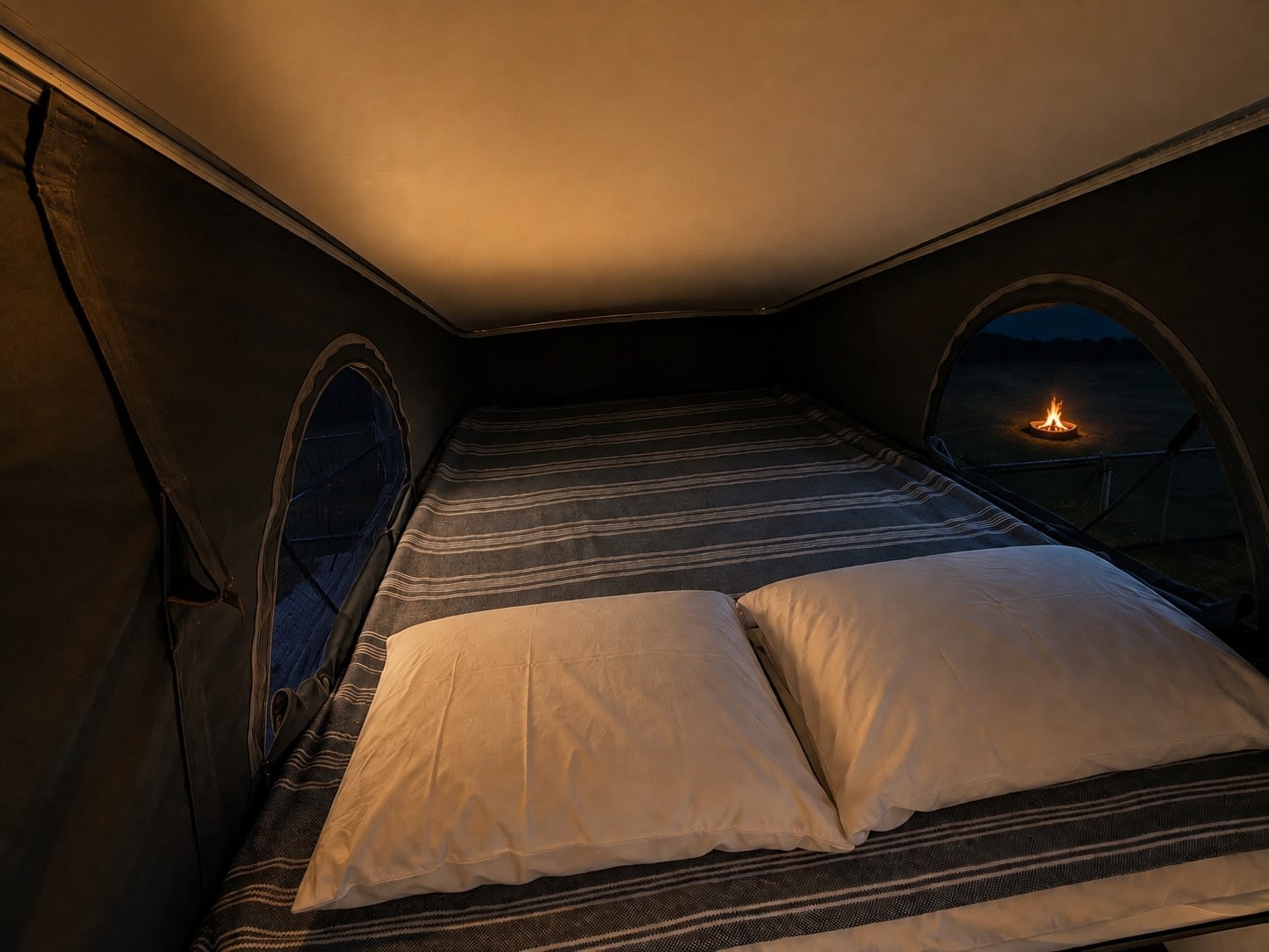 Cozy RV rental bed with warm lighting, two pillows, and a view of a crackling campfire outside the window. Perfect for camping.. Winnebago Solis 2021