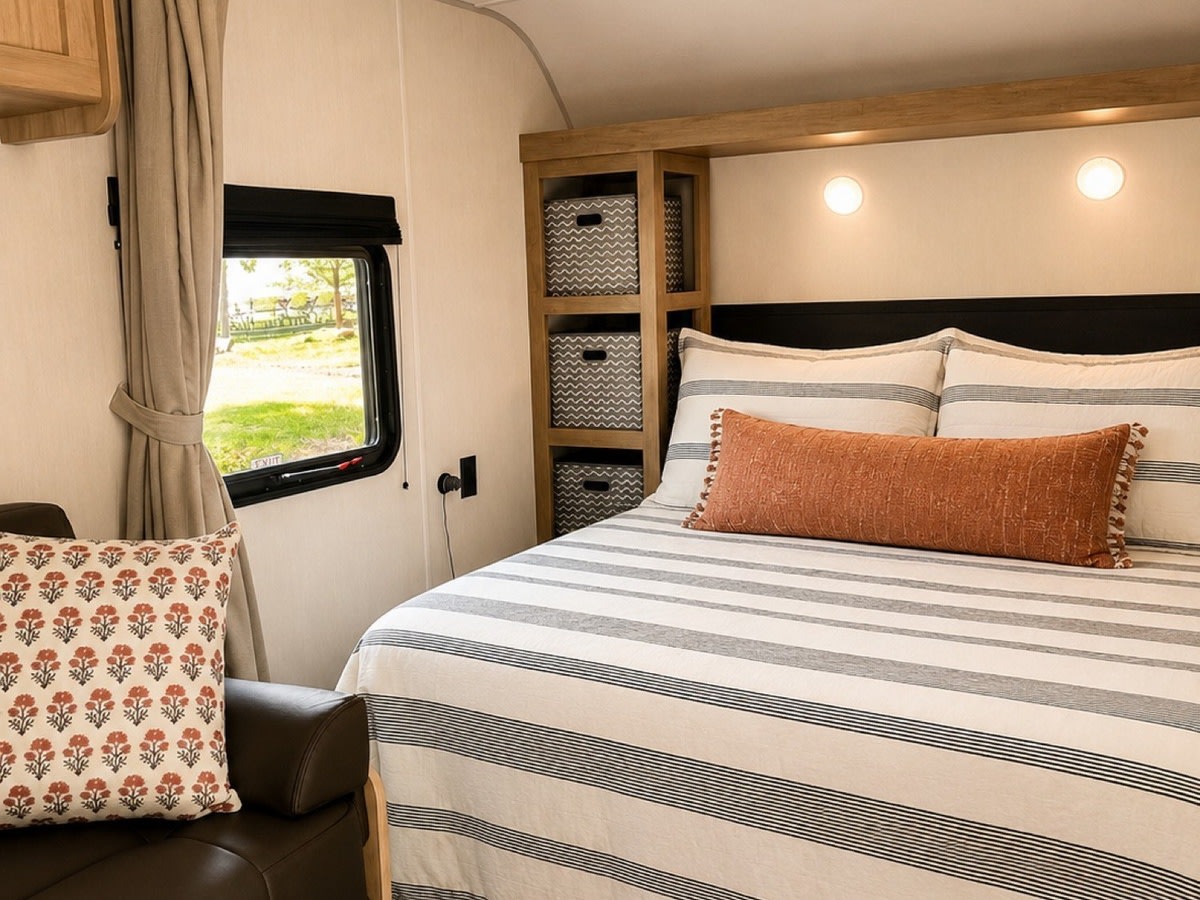 Cozy RV rental bedroom. Features a striped bed, comfy pillows, built-in storage, and a window overlooking nature.. Forest River Cherokee Grey Wolf All Electric 2026