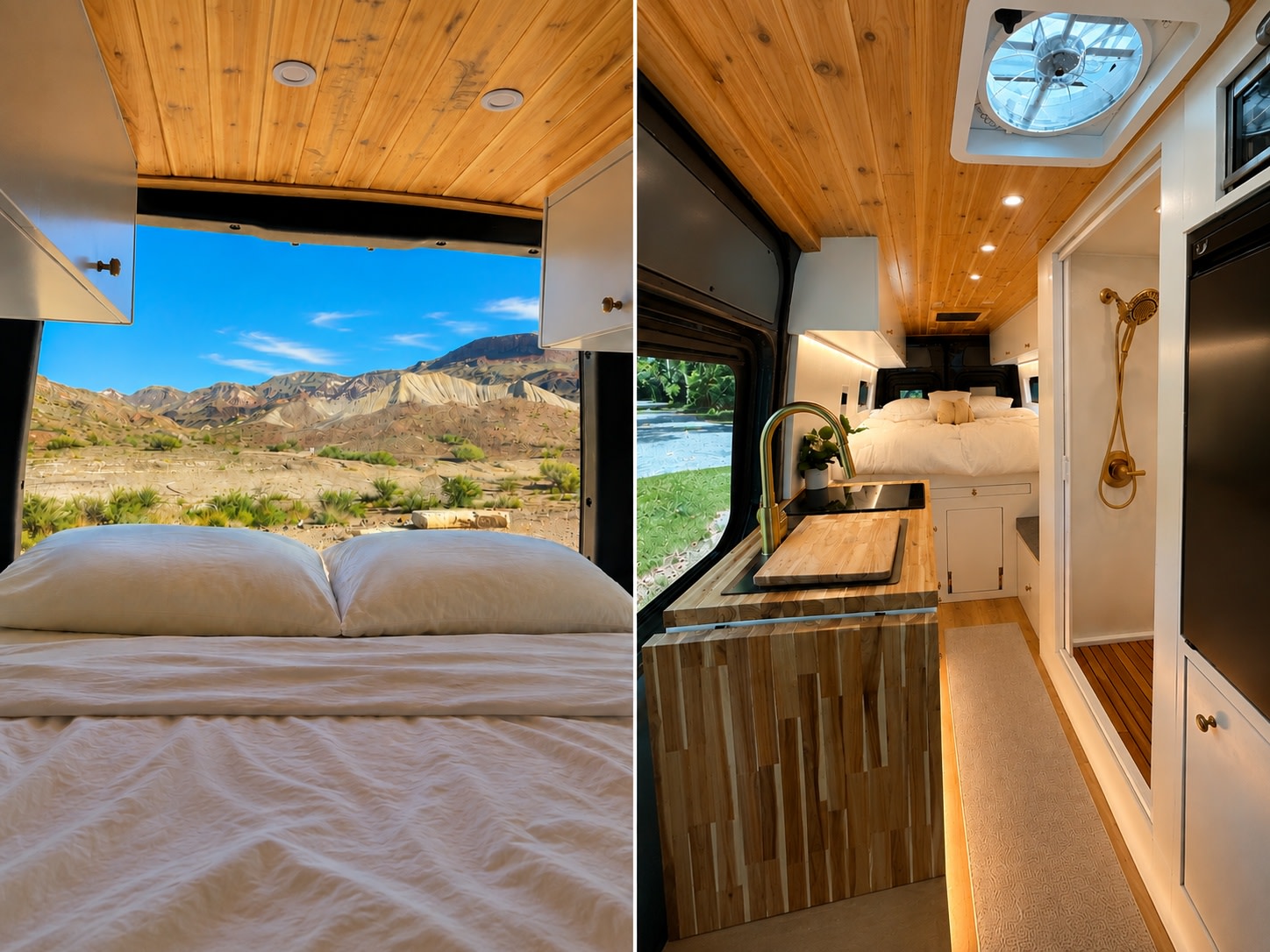 Explore in comfort! This modern RV rental features a cozy bed, kitchen, shower, and panoramic desert views from inside.. Mercedes Sprinter 2025
