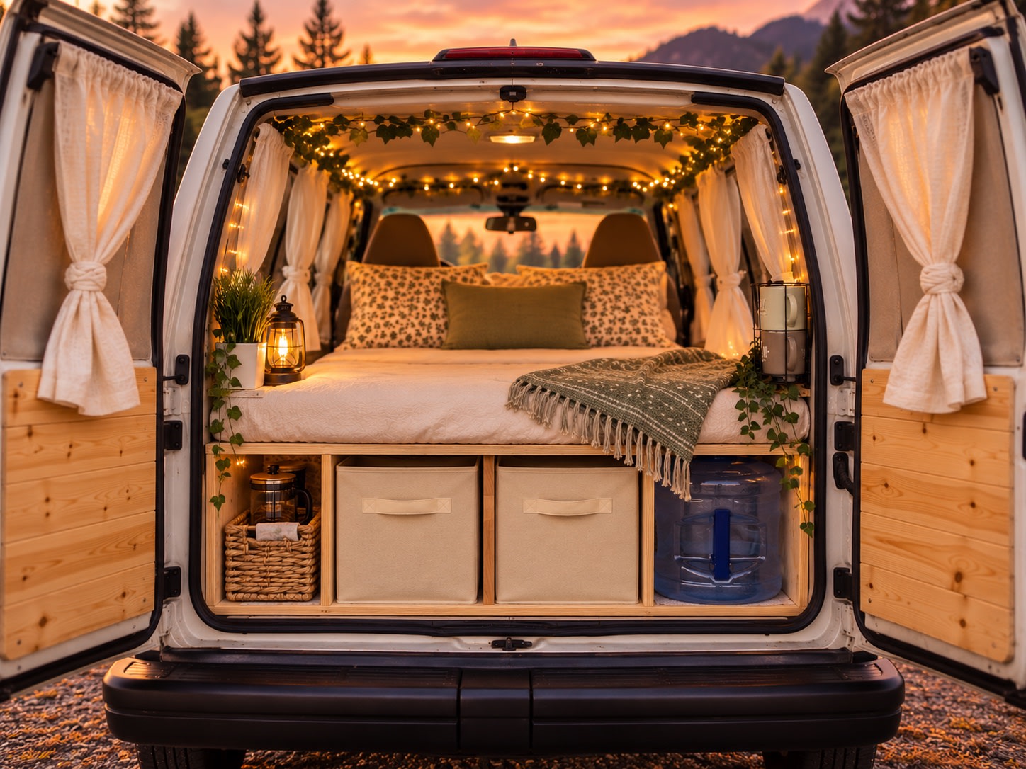 This charming rv rental shows a cozy camper van interior with a bed, warm string lights, and clever storage solutions.. Chevrolet astro 2000