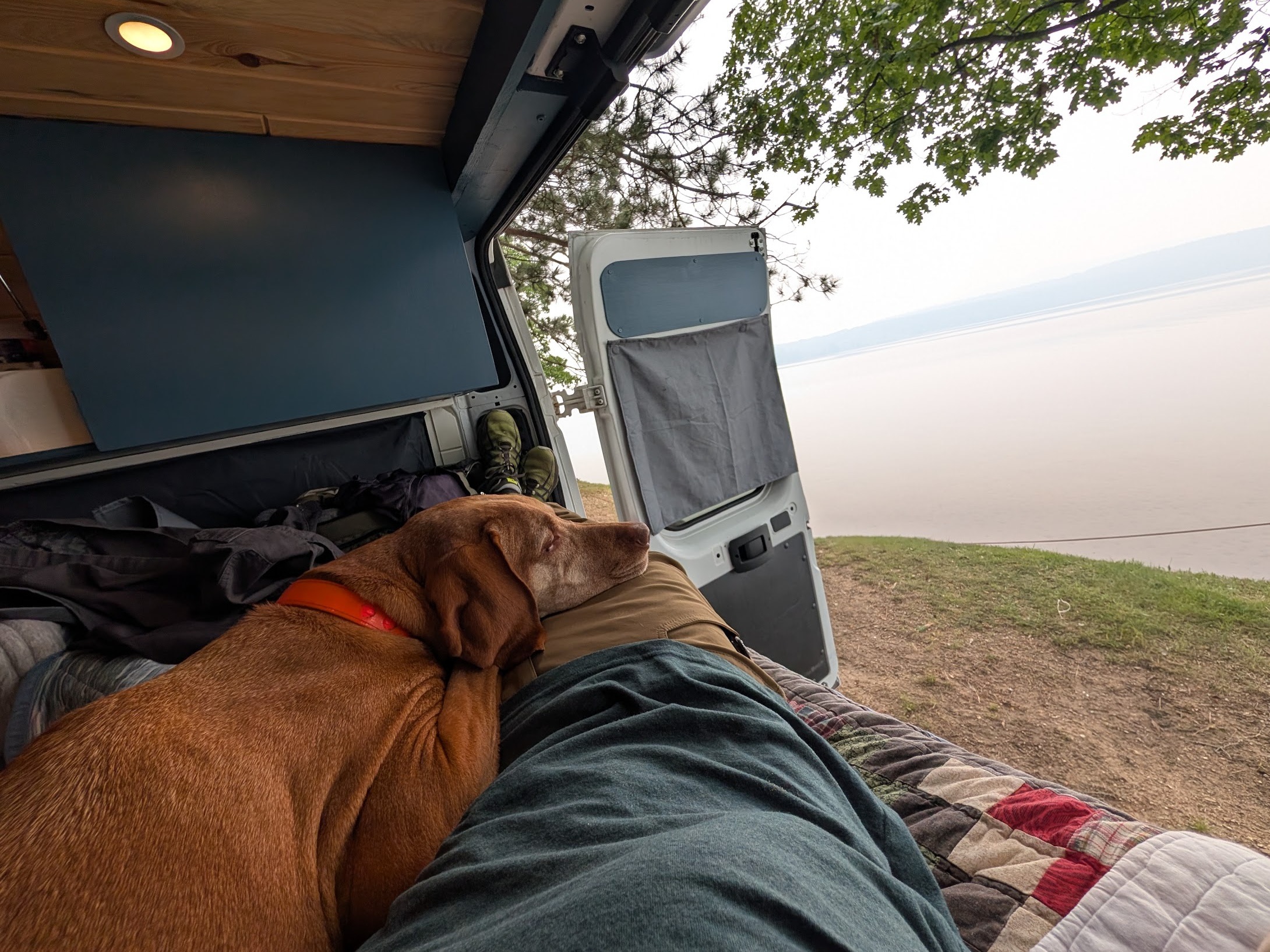 Inside an RV rental, a person with a sleeping dog enjoys a misty lake view from the open doors. Perfect for dog-friendly van life.. RAM Promaster 3500 2017