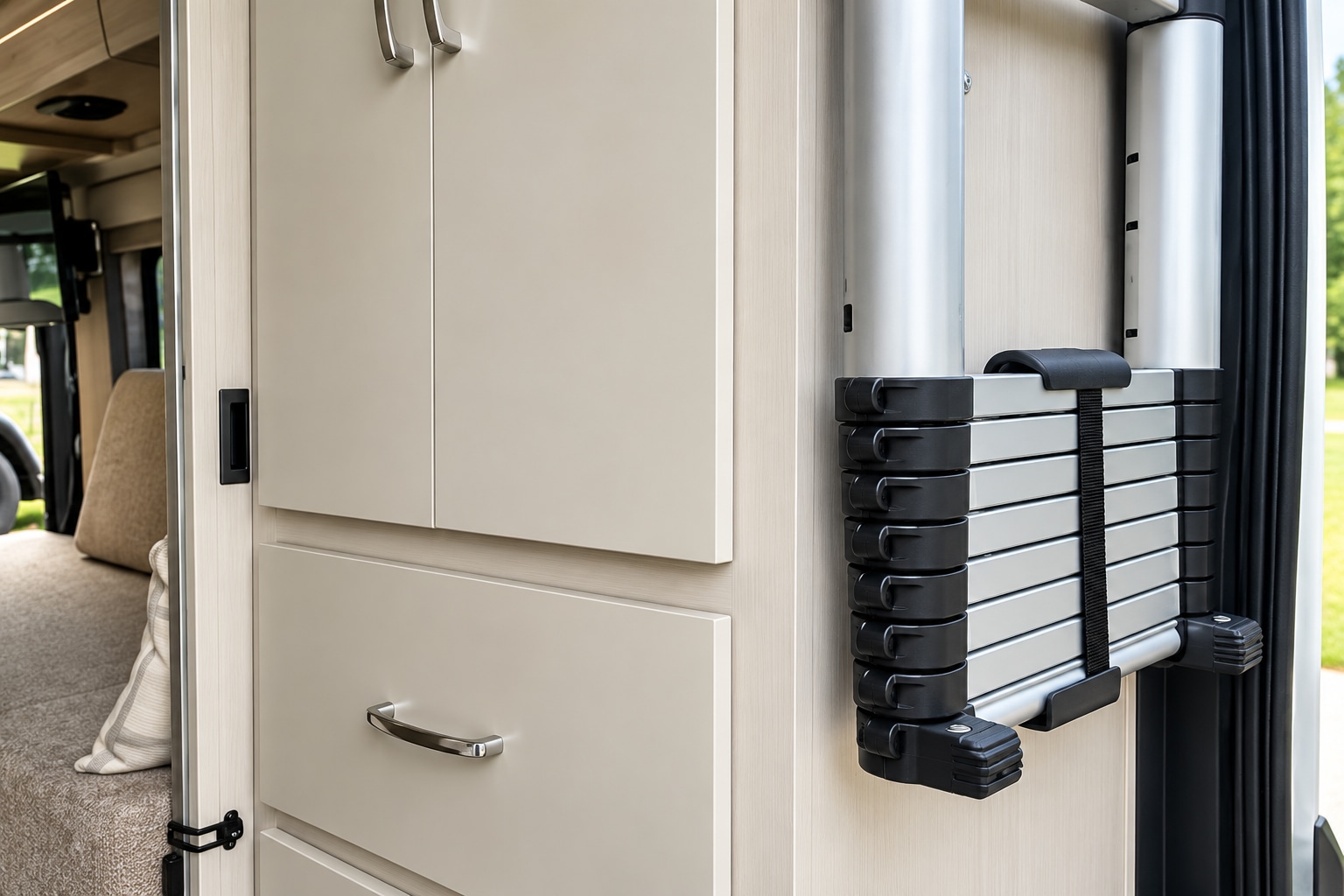 RV rental interior: sleek cabinetry and a space-saving compact ladder mounted on the wall, ideal for access and storage.. Thor sequence 2023
