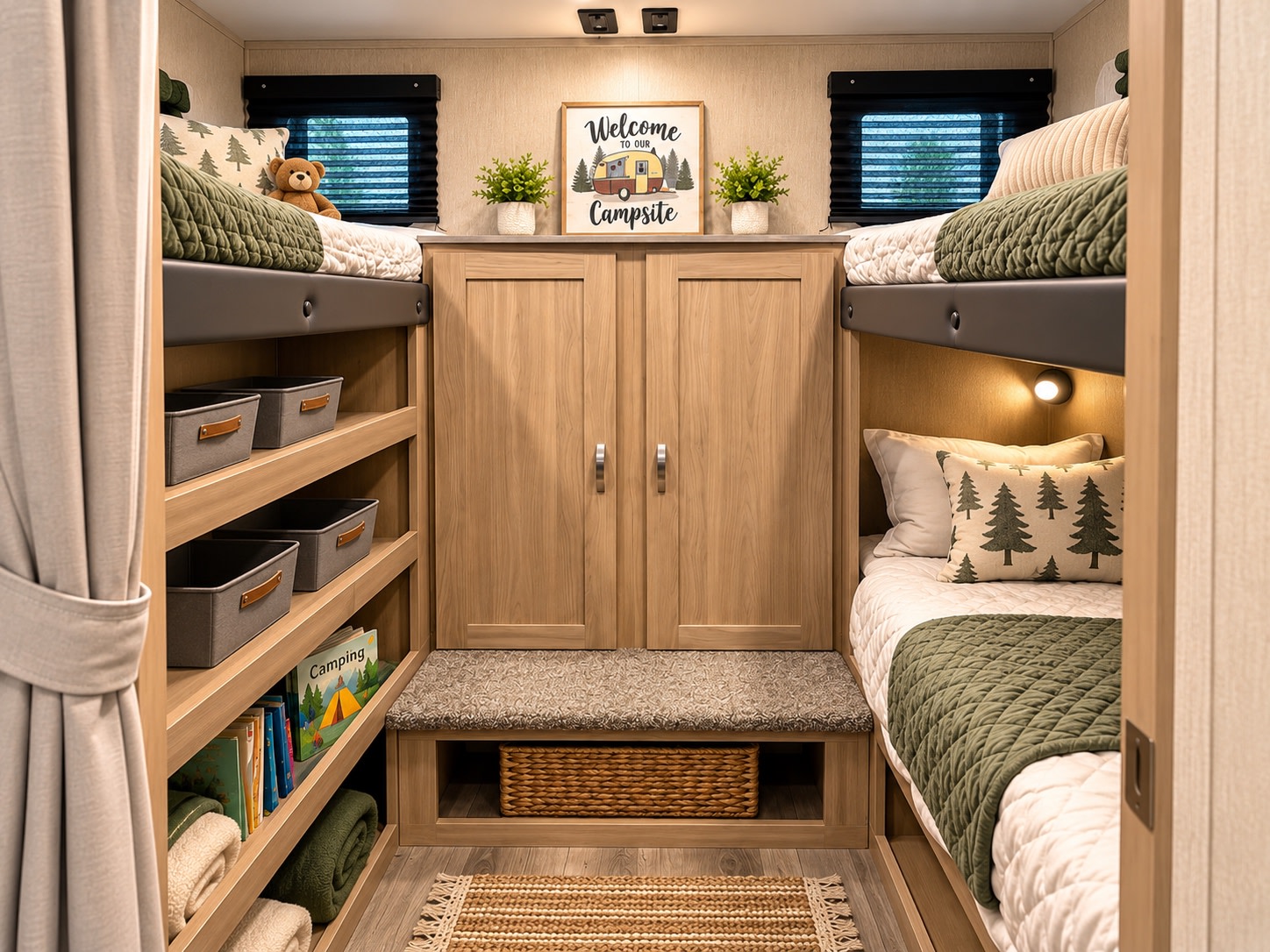 This RV rental bunk area offers cozy beds, ample storage, and a welcoming campsite decor, ideal for family trips.. Coachmen Freedom Express Ultralite 2021