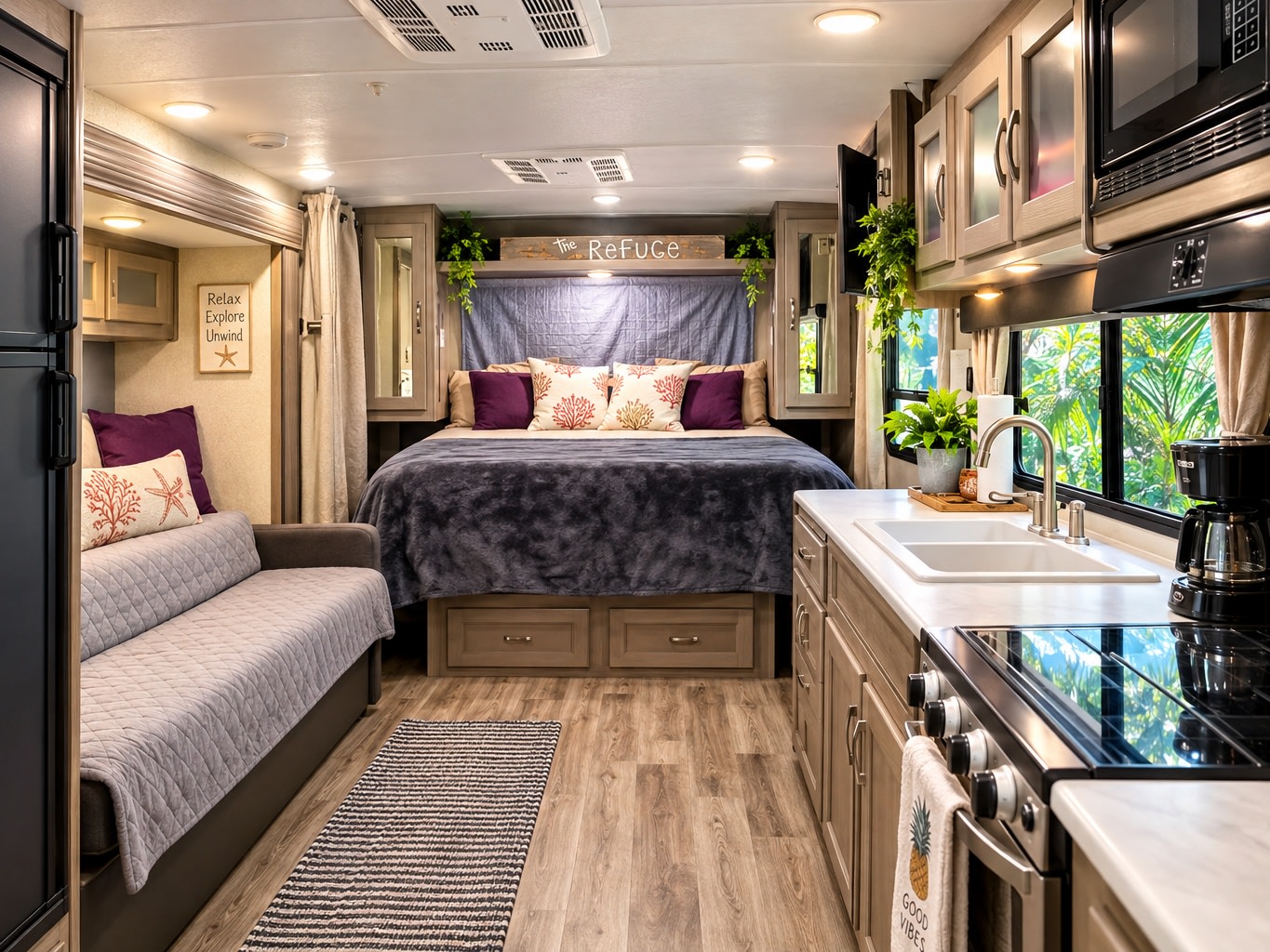 RV rental interior: A modern kitchen, cozy bedroom with bed, and sofa lounge area provide comfort for your journey.. Palomino Other 2019