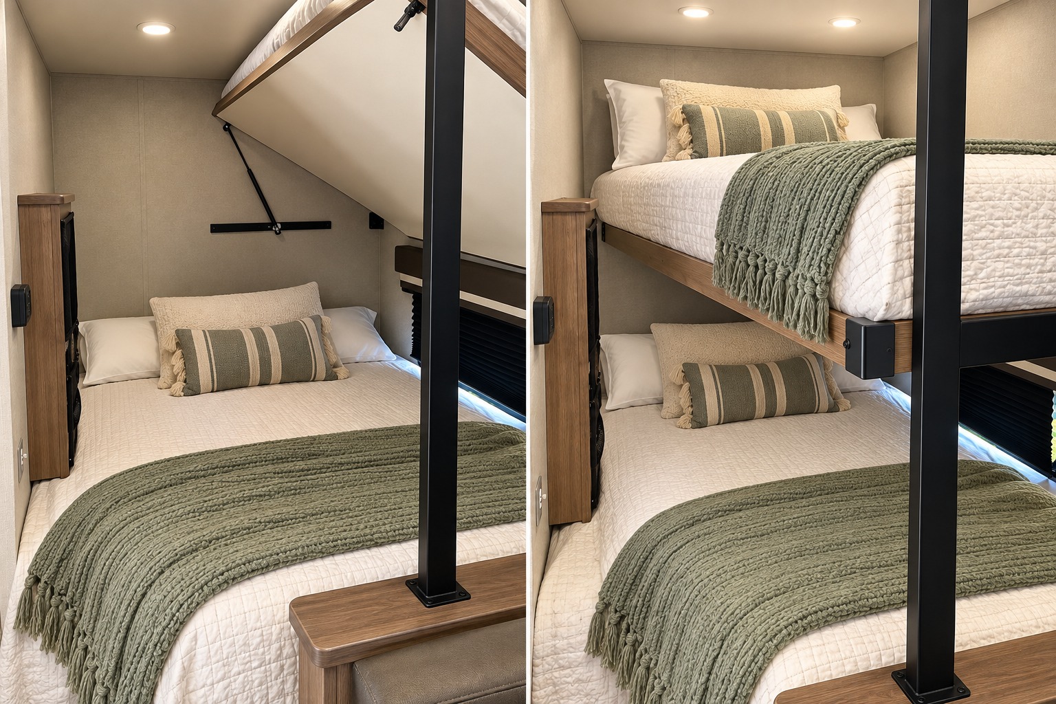 Cleverly designed convertible bunk beds in an rv rental; the top bed folds up for space or down for sleeping.. Grand Design Imagine AIM 2023