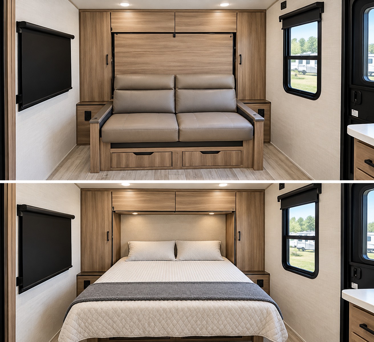 See this rv rental's transforming interior: A stylish sofa by day converts to a comfortable bed by night.. Venture Sonic 2025