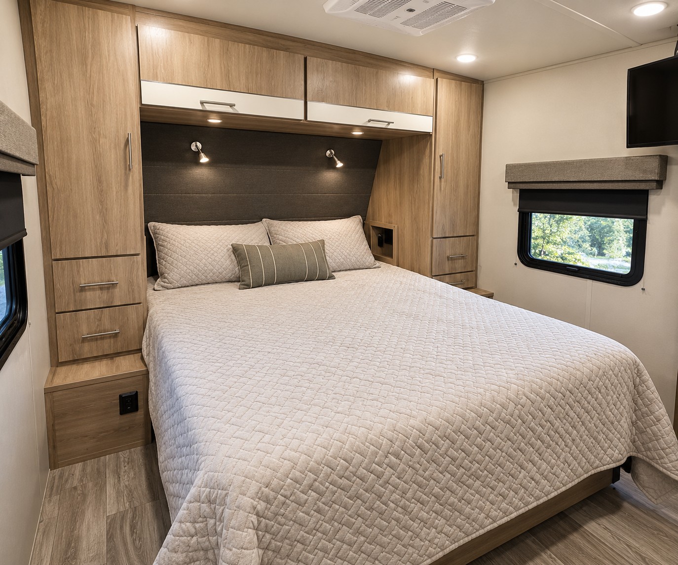 Modern RV rental bedroom with wooden cabinetry, a comfortable quilted bed, and reading lights. Enjoy the outdoor view from the window.. Grand Design Imagine 2021