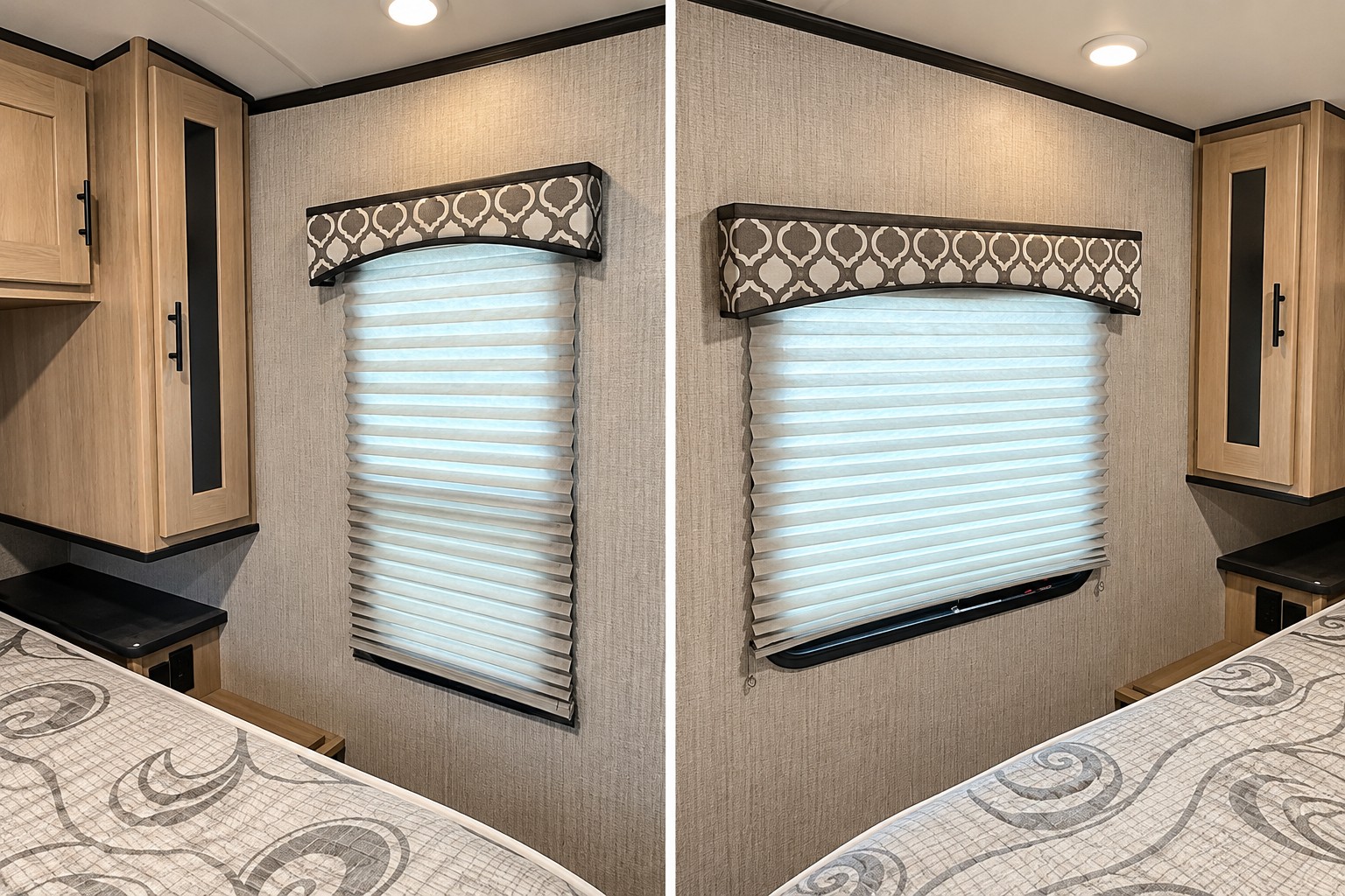 RV rental bedroom showcasing light wood cabinets, textured walls, and a window with patterned valance & cellular shades.. Cruiser RV Radiance Ultra Lite 2020
