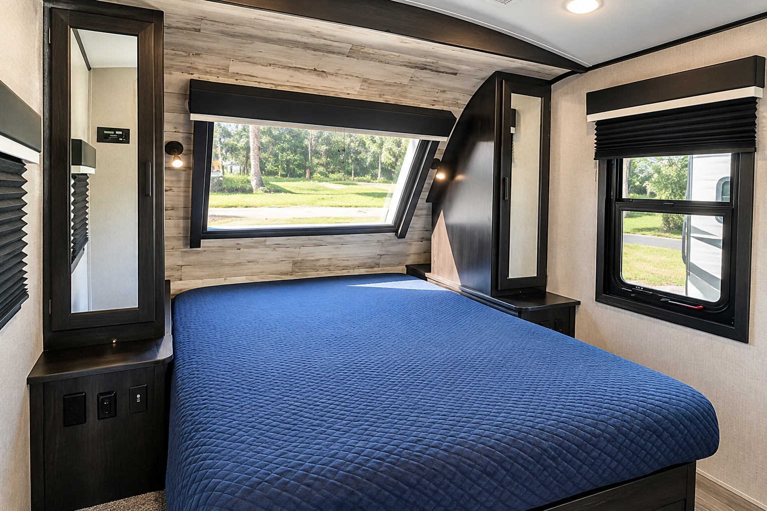 Spacious rv rental bedroom featuring a blue bed, large windows with scenic views, and integrated storage with outlets.. Jayco White Hawk 2022