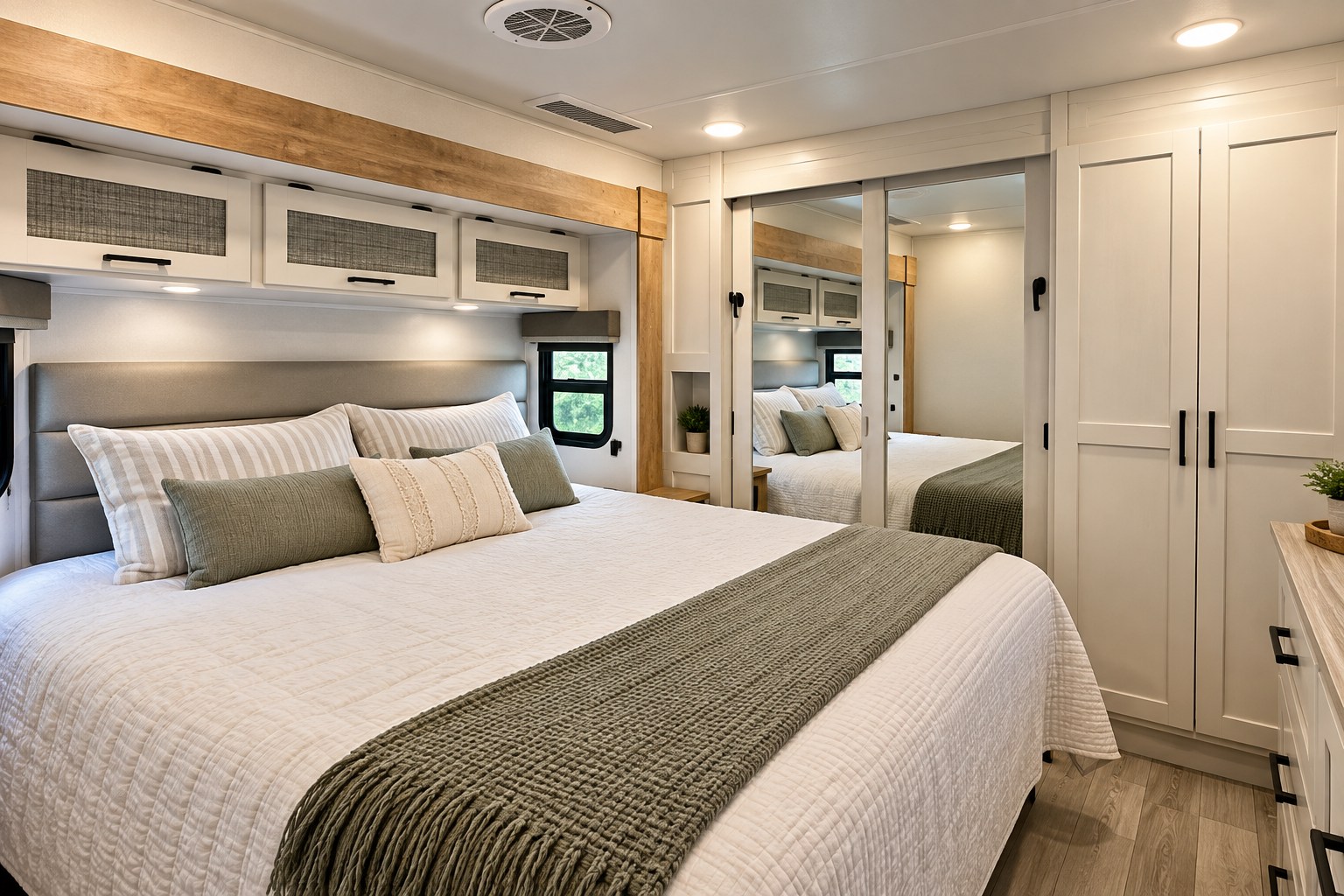 Modern RV rental bedroom with a cozy queen bed, plush bedding, and mirrored wardrobe for a comfortable stay on the road.. Prime Time Crusader 2023