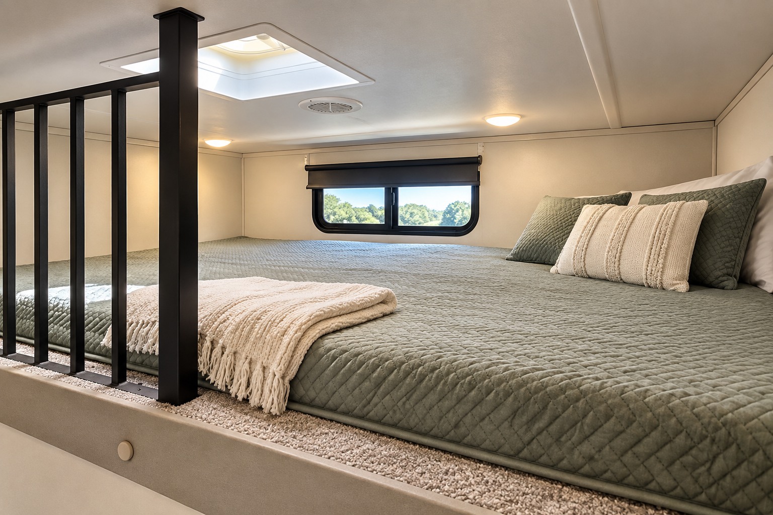 Cozy RV rental loft bedroom featuring a large bed with green and cream bedding, a window view, and overhead skylight.. Prime Time Crusader 2023