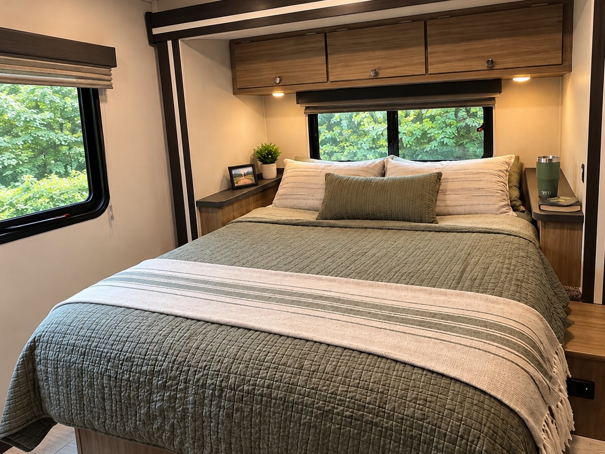 Inviting RV rental bedroom features a comfy bed with green bedding, ample storage, and scenic window views of lush trees.. Forest River Coachmen Freelander 2026