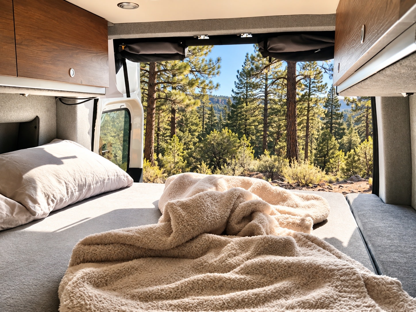 Cozy rv rental interior with a bed and a stunning forest view, ideal for nature lovers.. Storyteller Overland Storyteller Overland Class B 2025