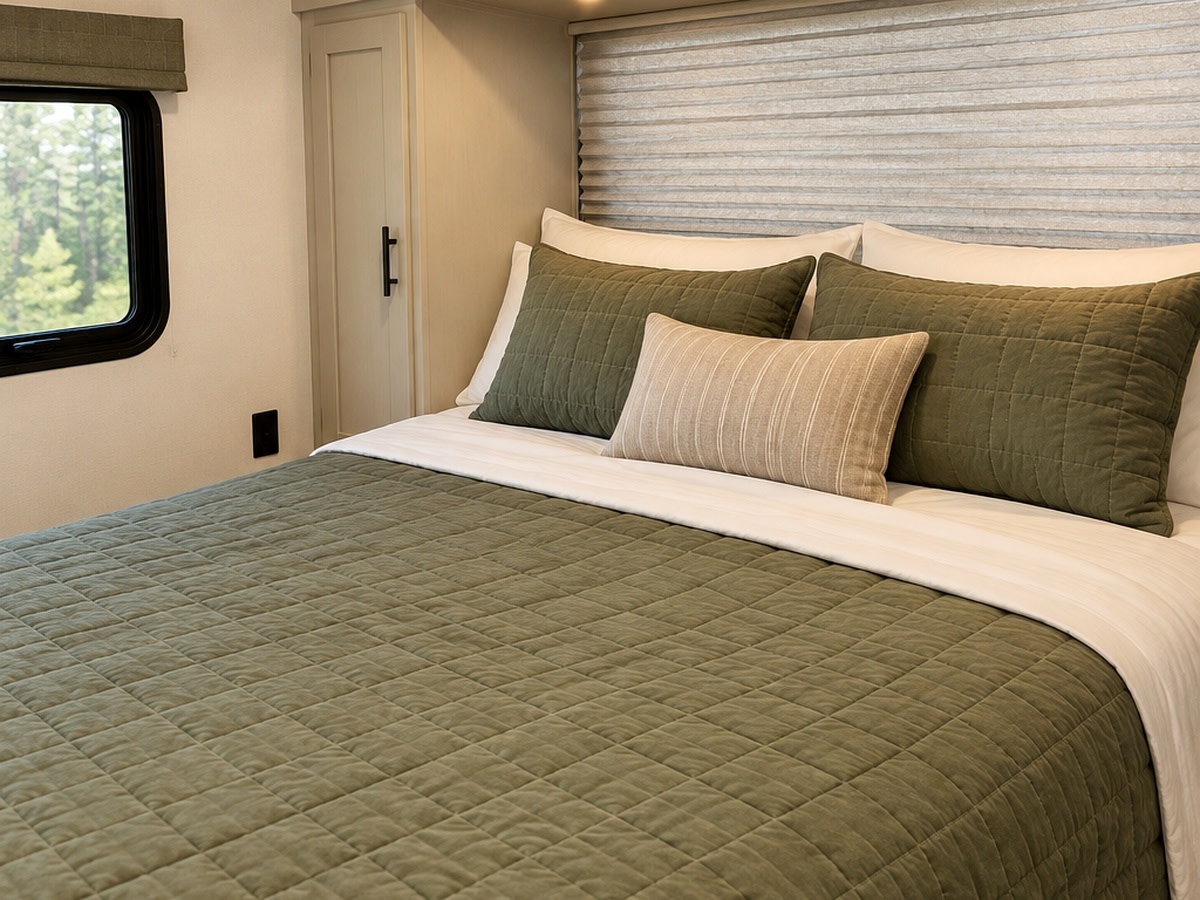 Cozy RV rental bedroom with a comfortable bed, green quilted bedding, and scenic forest views from the window.. Forester Shasta 2025