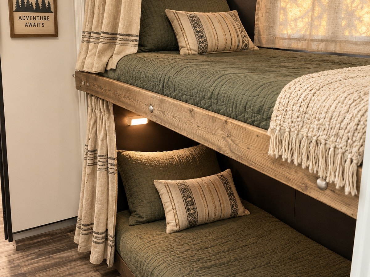 Cozy bunk beds with green bedding, privacy curtains, and an "ADVENTURE AWAITS" sign inside an RV rental.. Coachman Mirada 2011