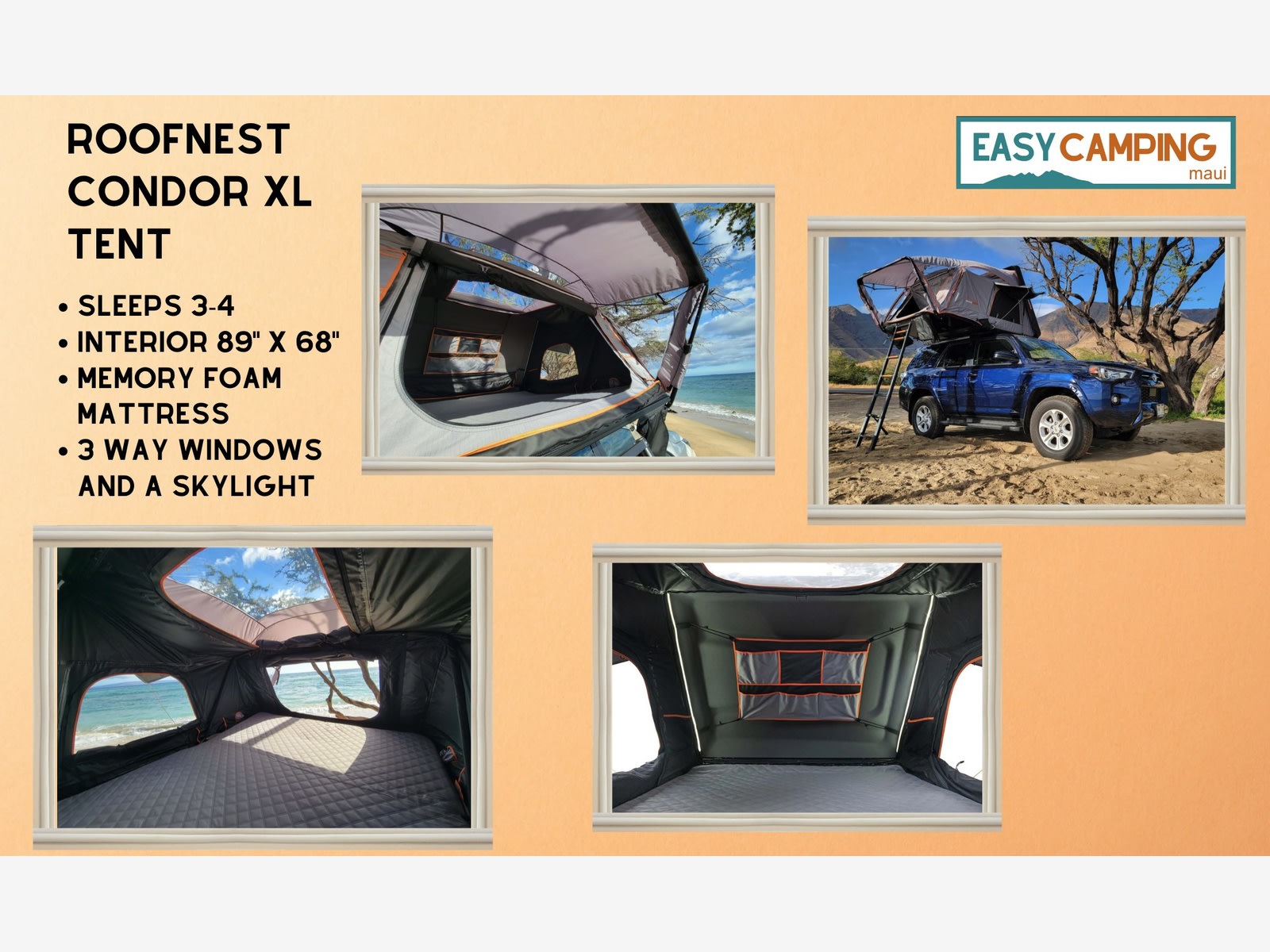 Easy Camping Maui offers this Roofnest Condor XL rooftop tent for RV rental on a blue SUV, featuring a memory foam mattress and skylight.. Toyota 4Runner Premium 2020