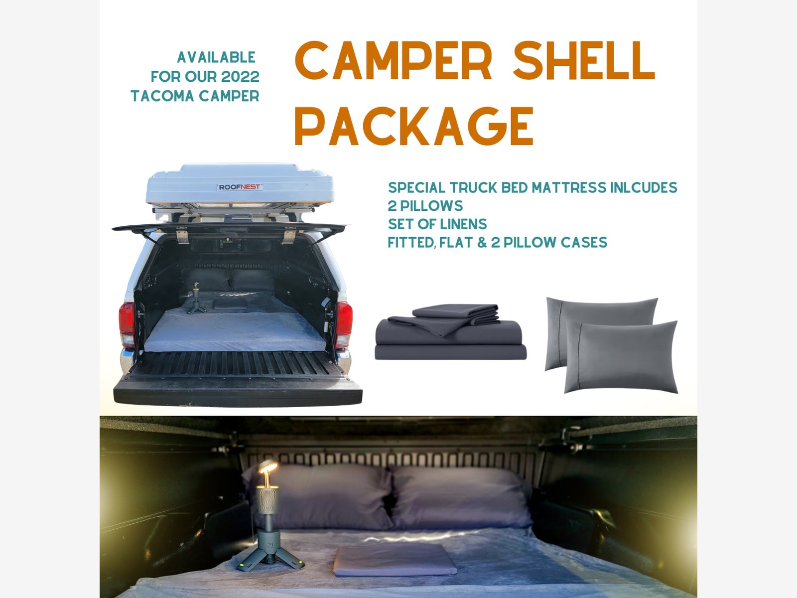 Tacoma camper shell package: truck bed mattress, linens, pillows for your RV rental adventure.. Toyota Tacoma Double Cab 2022